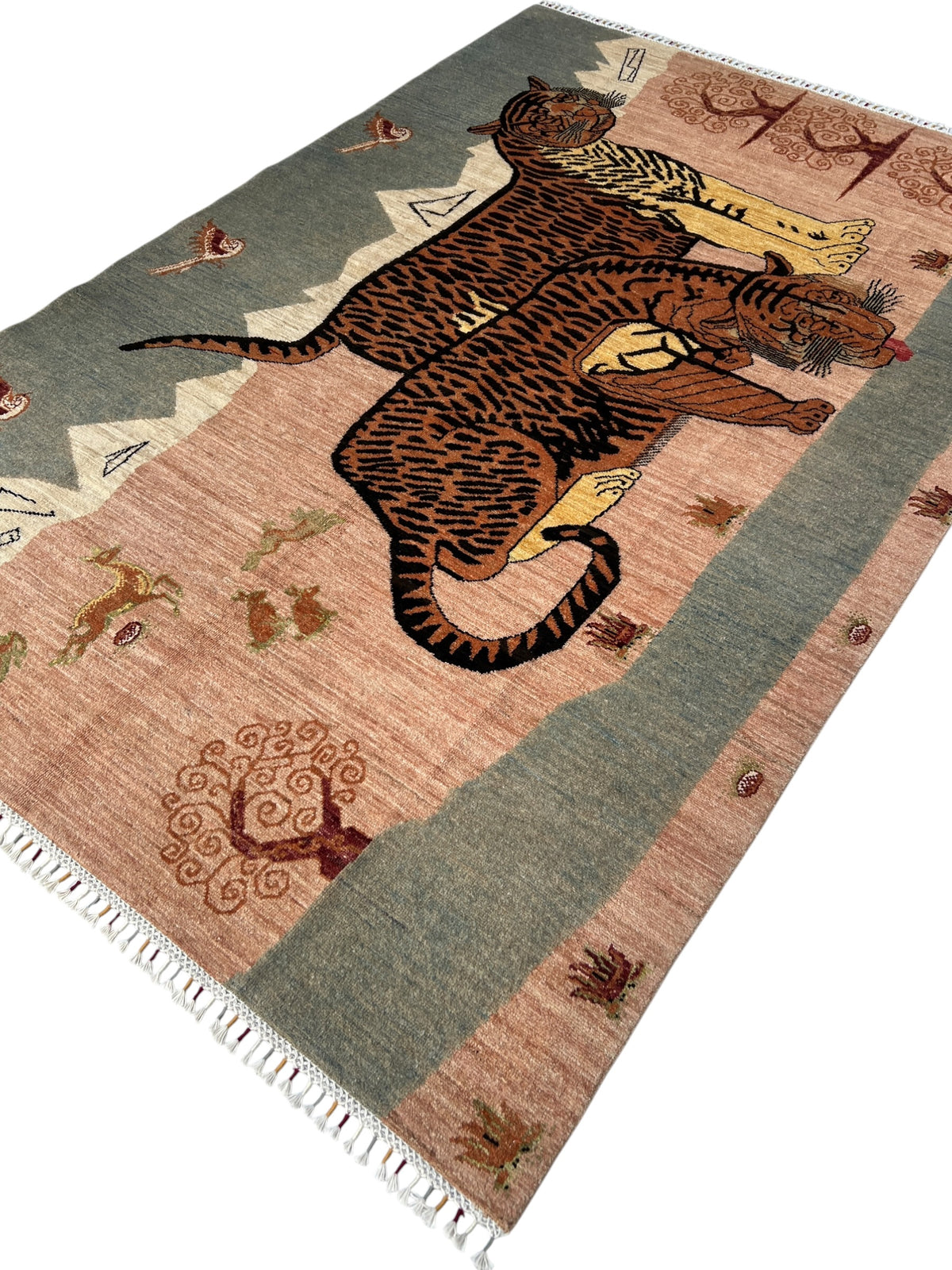 Tiger Pictorial Rug 6x9 | Pink, Gray & Brown | Hand-Knotted Wool