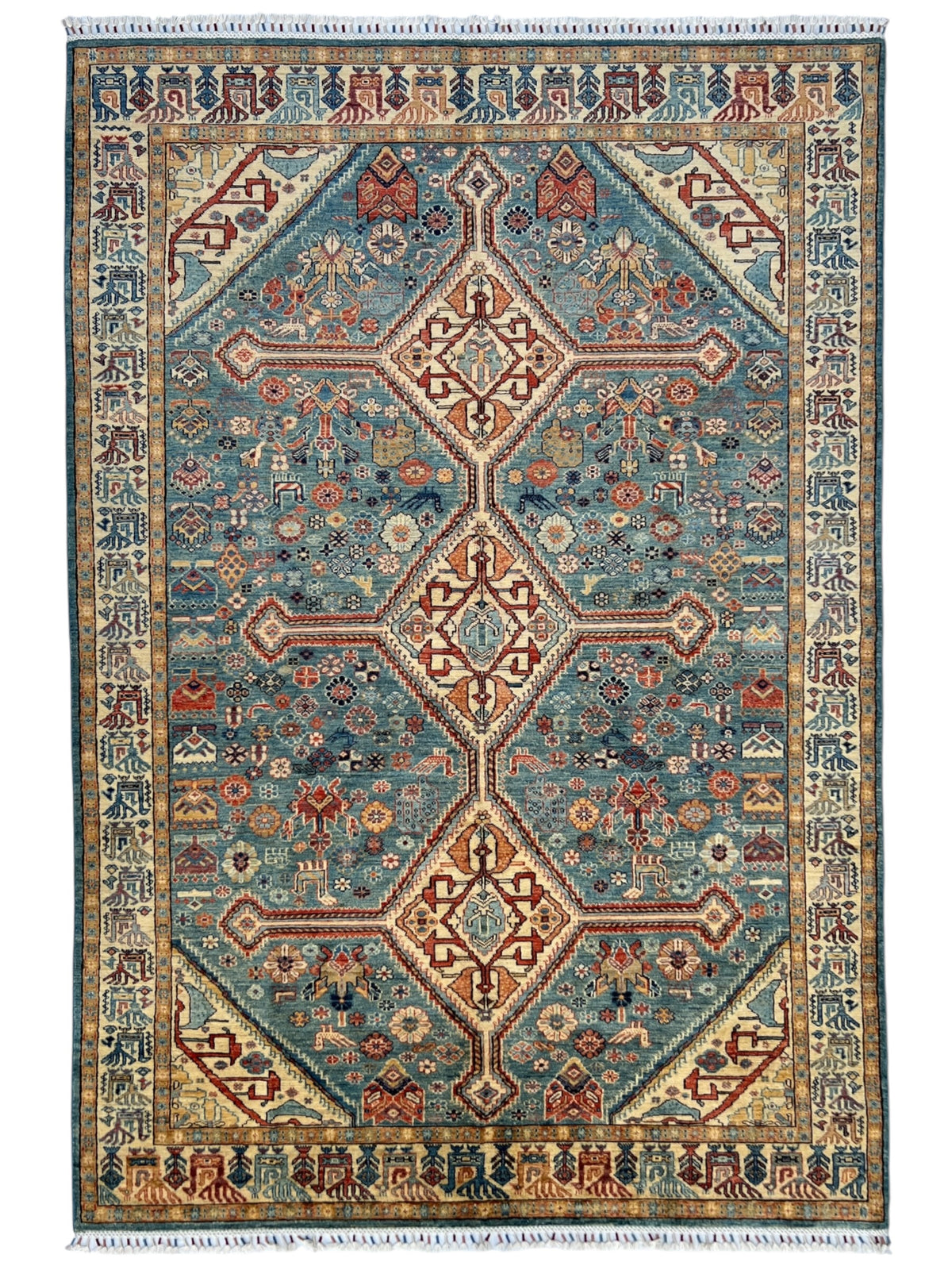 Super Kazak Rug 7x10 | Light Blue, Ivory & Rust | Hand-Knotted Wool