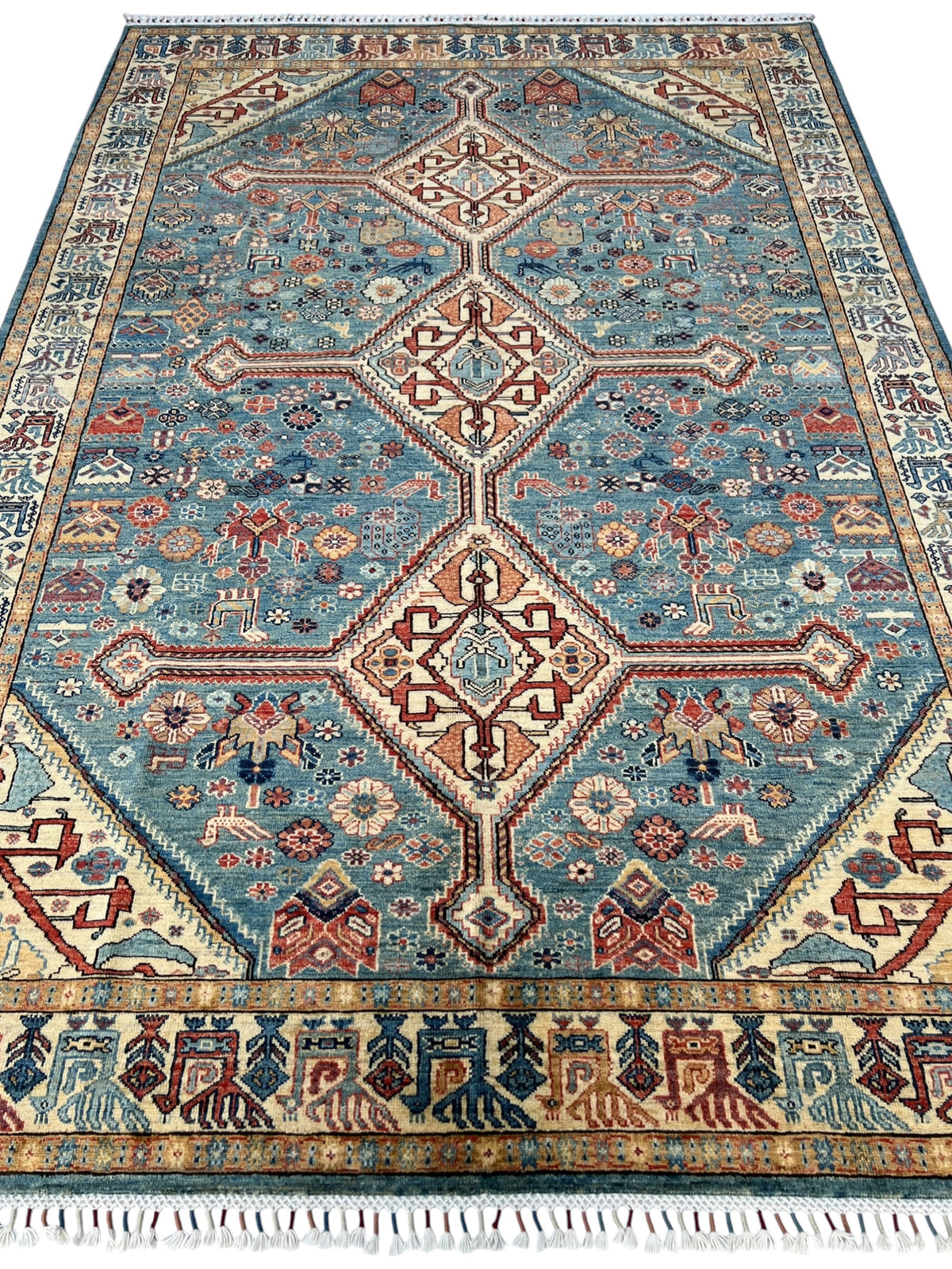 Super Kazak Rug 7x10 | Light Blue, Ivory & Rust | Hand-Knotted Wool