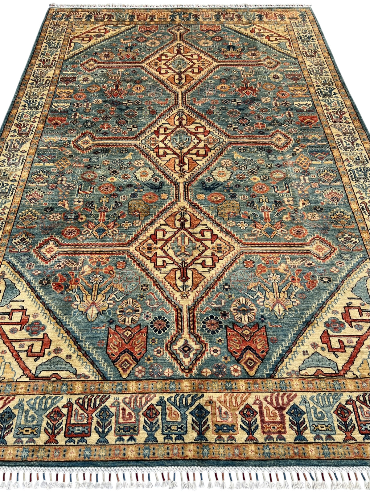Super Kazak Rug 7x10 | Light Blue, Ivory & Rust | Hand-Knotted Wool