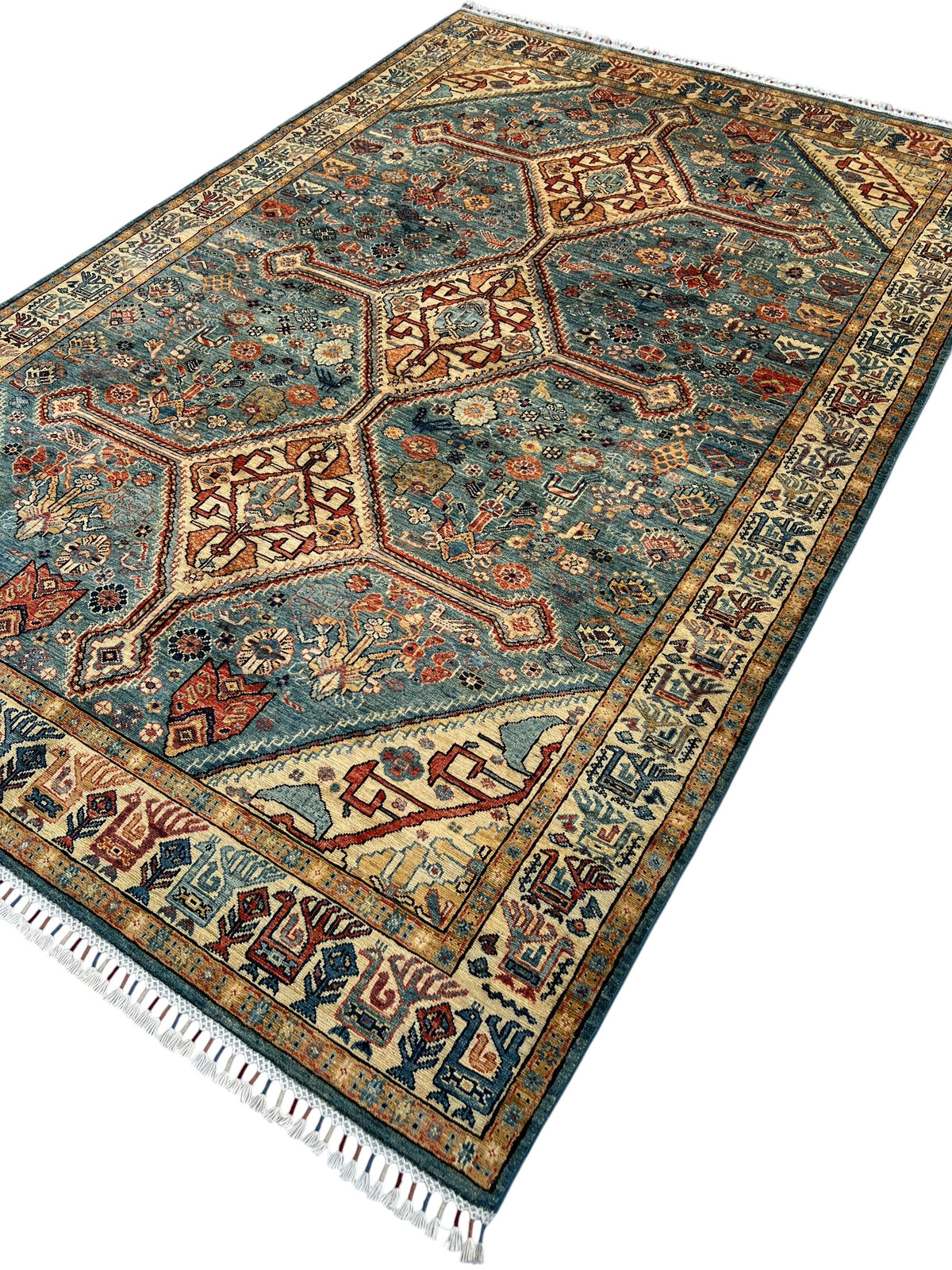 Super Kazak Rug 7x10 | Light Blue, Ivory & Rust | Hand-Knotted Wool