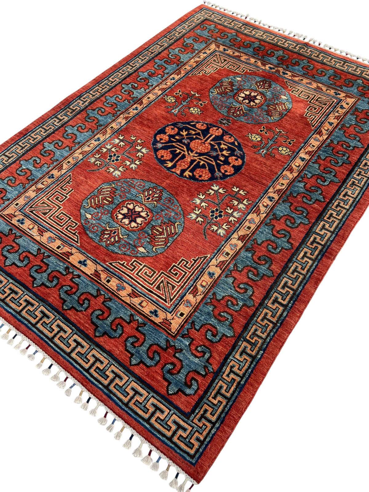 Khotan Design Rug 5x7 | Rust, Light Blue & Navy | Hand-Knotted Wool