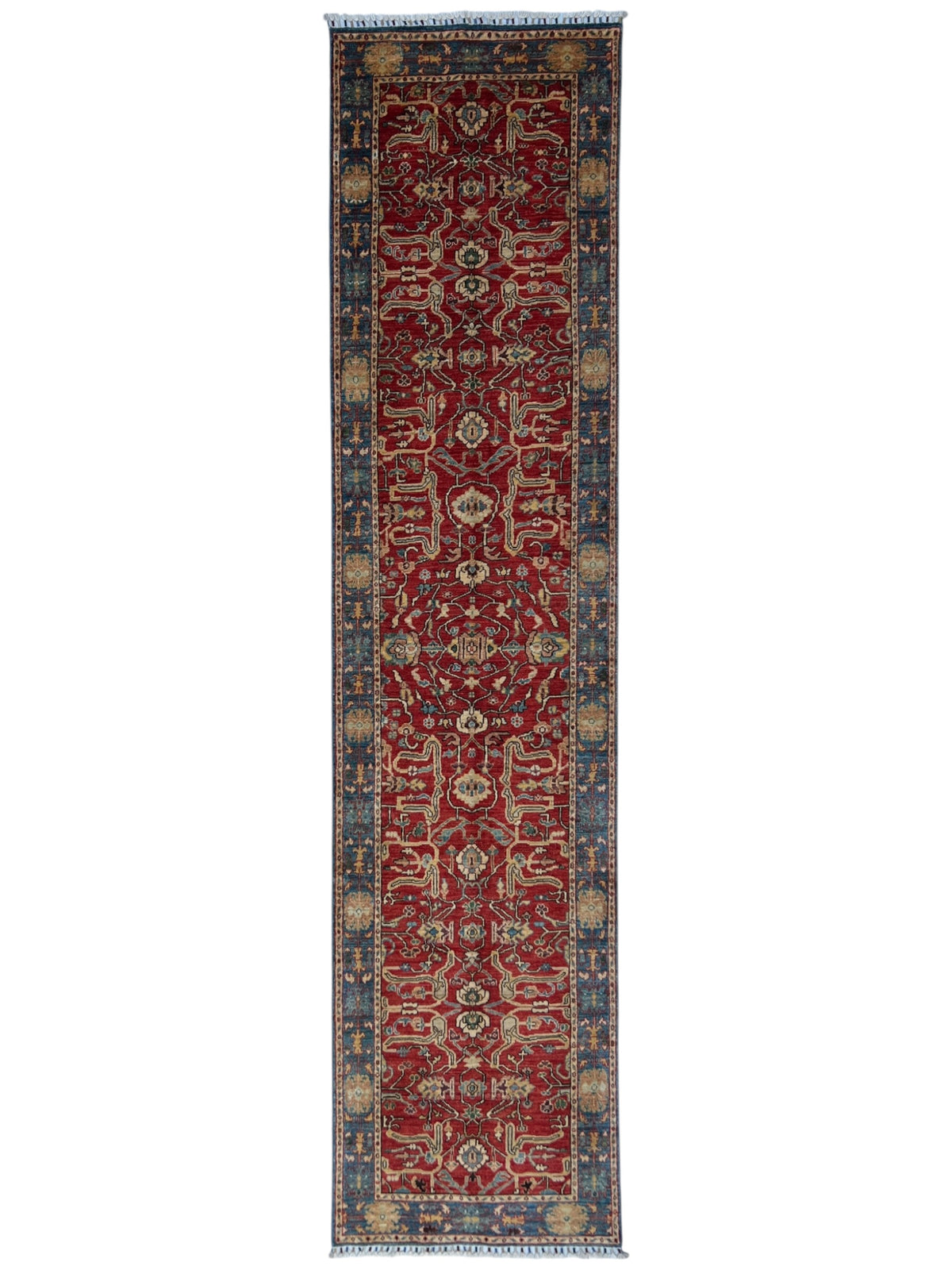 Chobi Runner 3x12 | Red, Blue & Gold | Hand-Knotted Wool