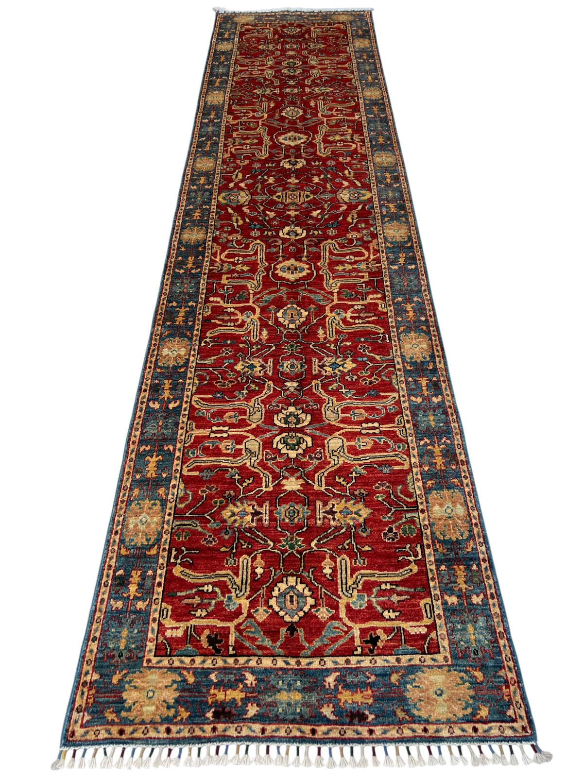 Chobi Runner 3x12 | Red, Blue & Gold | Hand-Knotted Wool