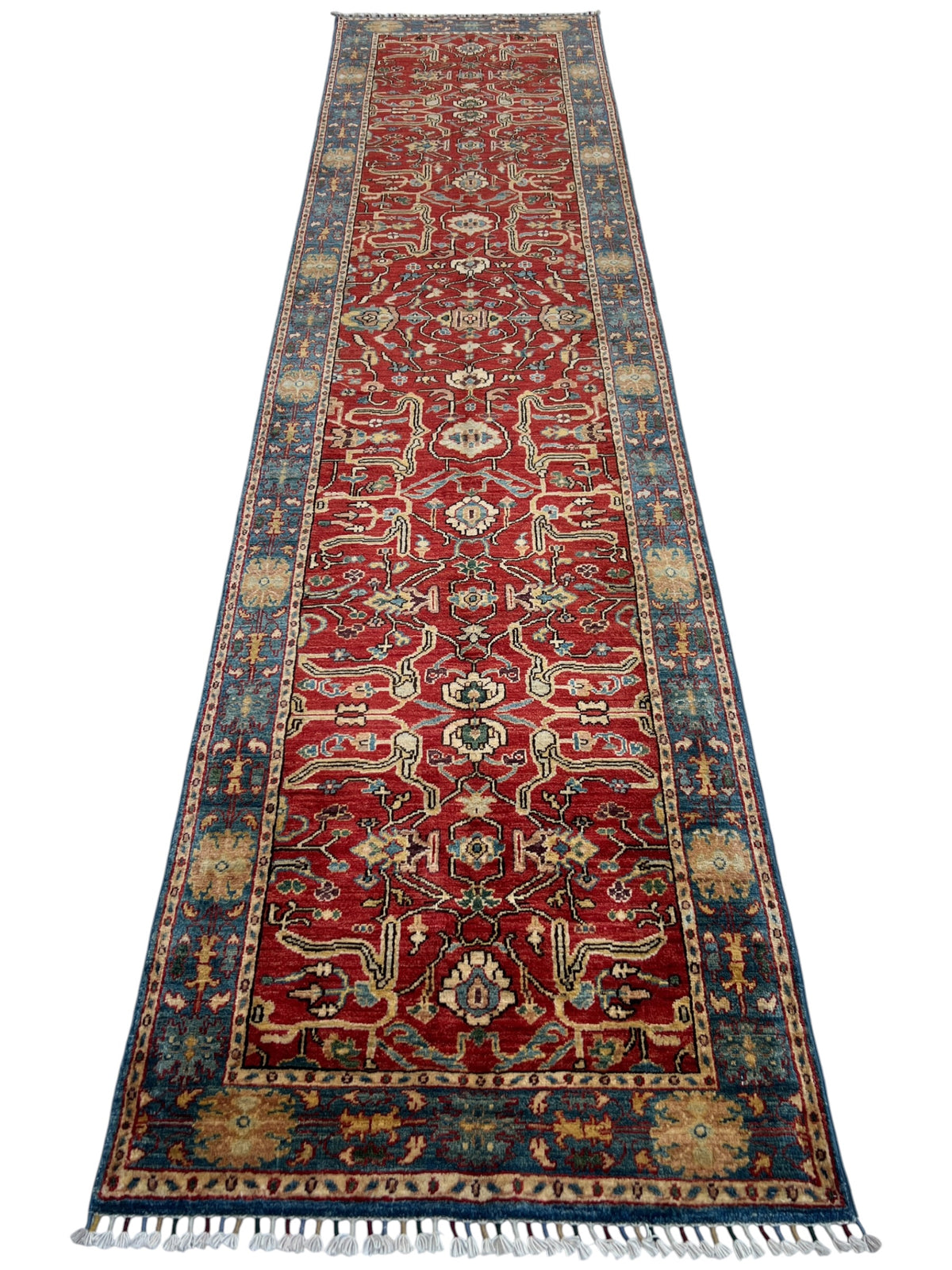 Chobi Runner 3x12 | Red, Blue & Gold | Hand-Knotted Wool