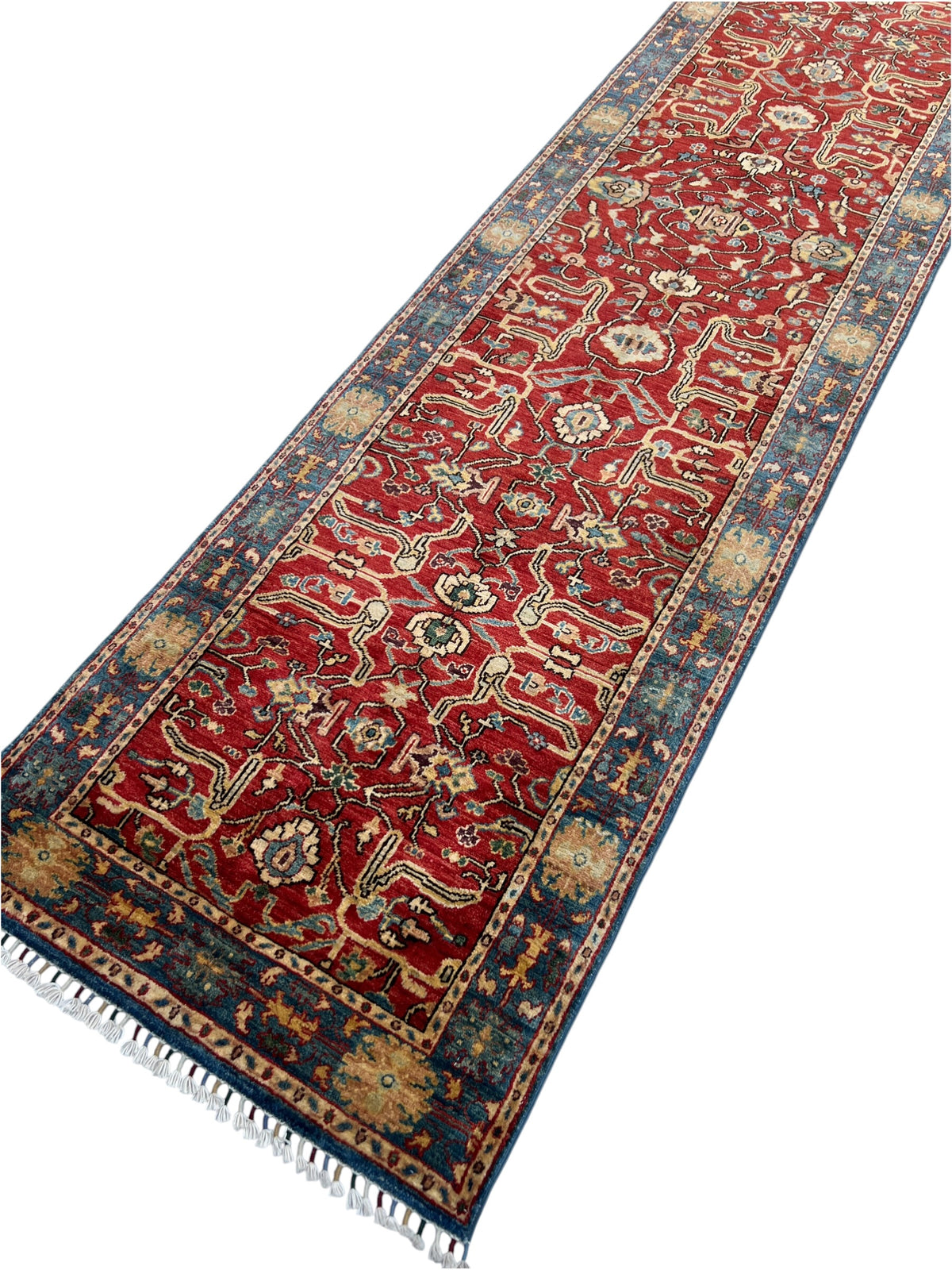 Chobi Runner 3x12 | Red, Blue & Gold | Hand-Knotted Wool