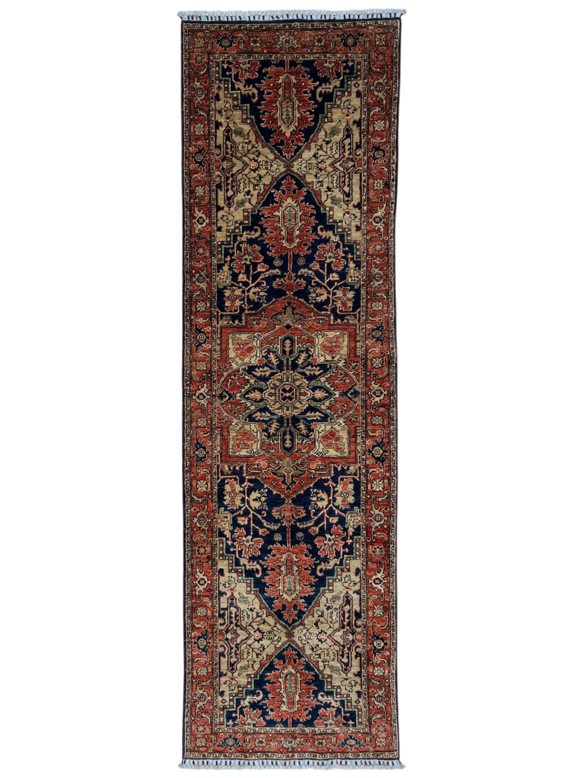Heriz Design Runner 3x10 | Rust, Navy & Gold | Hand-Knotted Wool