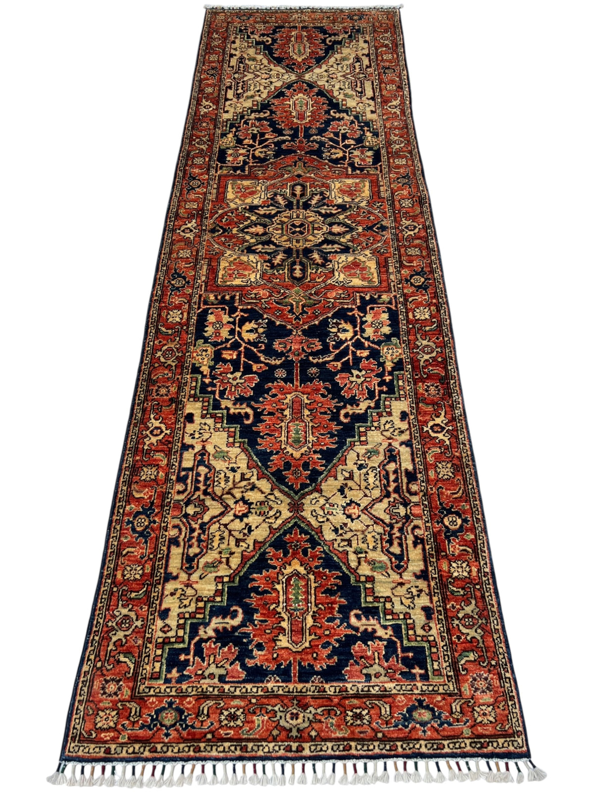 Heriz Design Runner 3x10 | Rust, Navy & Gold | Hand-Knotted Wool
