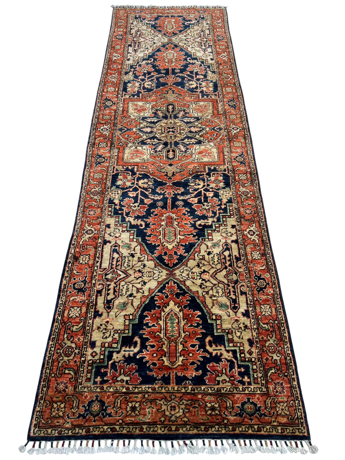 Heriz Design Runner 3x10 | Rust, Navy & Gold | Hand-Knotted Wool
