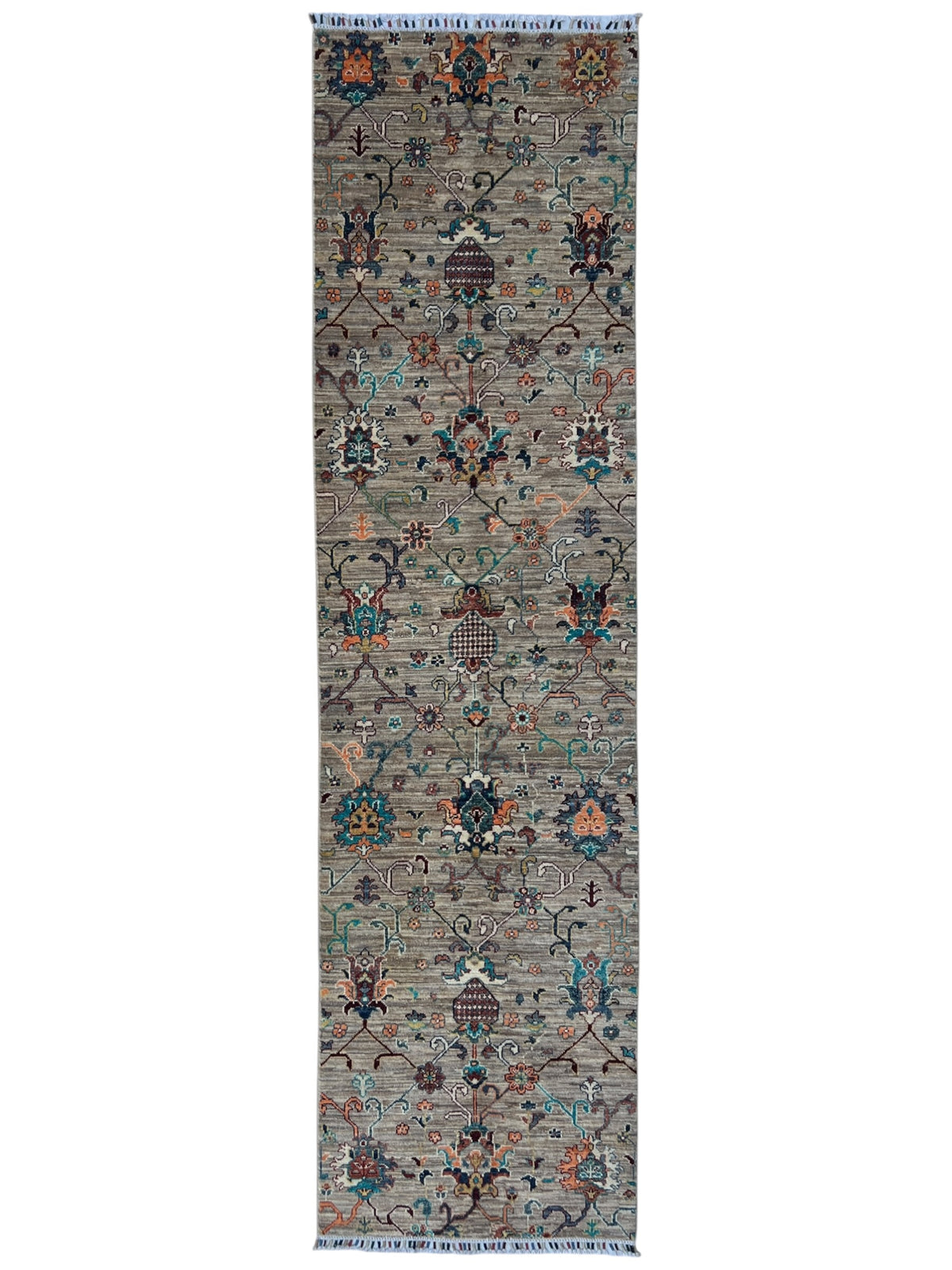 Chobi Runner 3x10 | Taupe, Orange & Navy | Hand-Knotted Wool