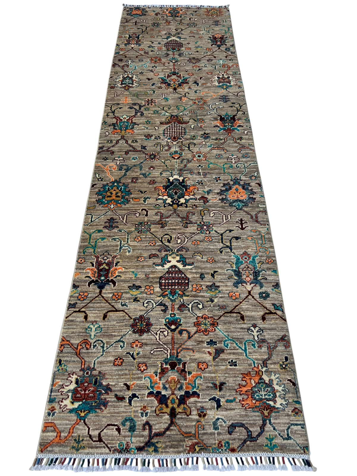 Chobi Runner 3x10 | Taupe, Orange & Navy | Hand-Knotted Wool