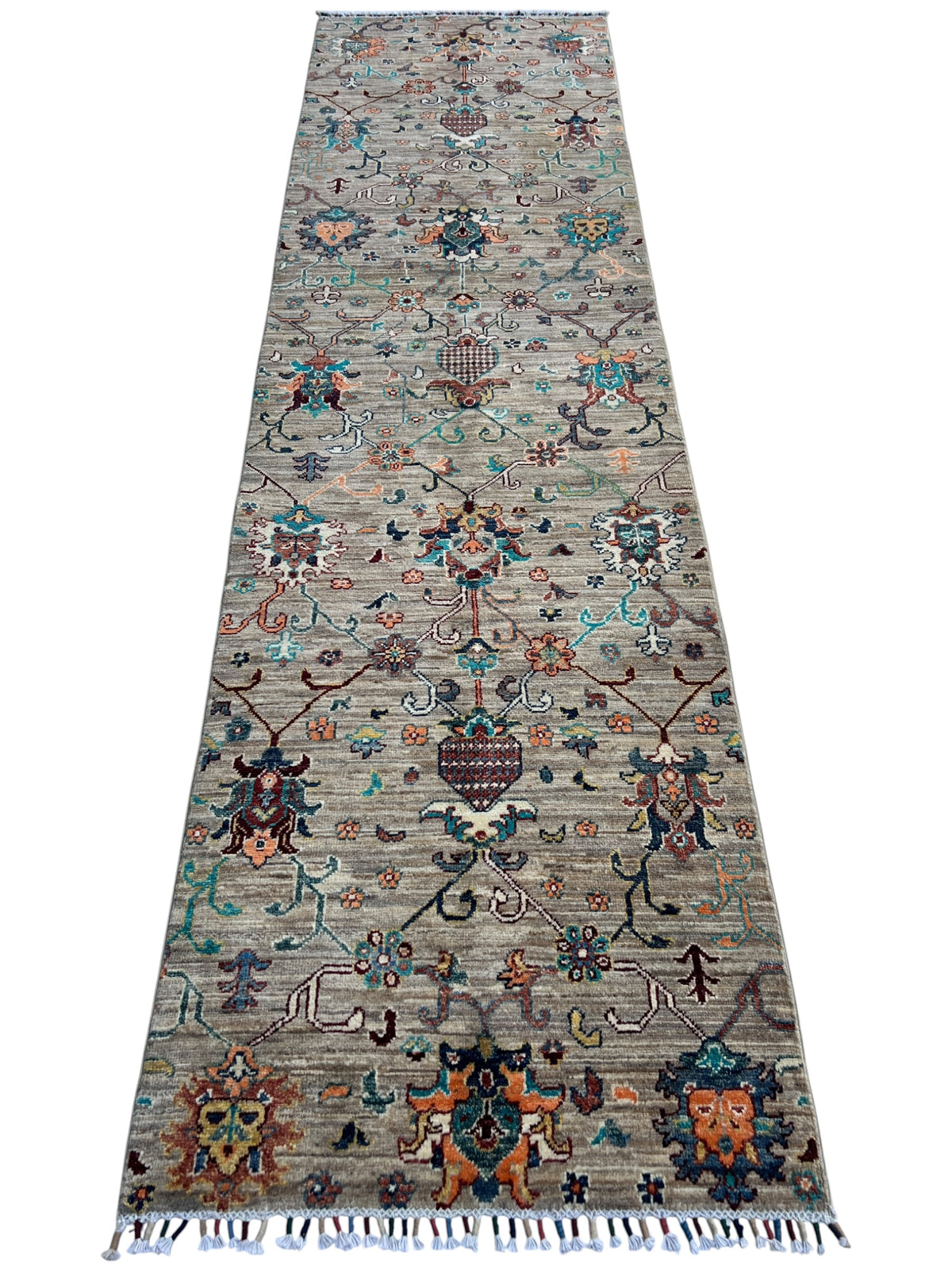 Chobi Runner 3x10 | Taupe, Orange & Navy | Hand-Knotted Wool