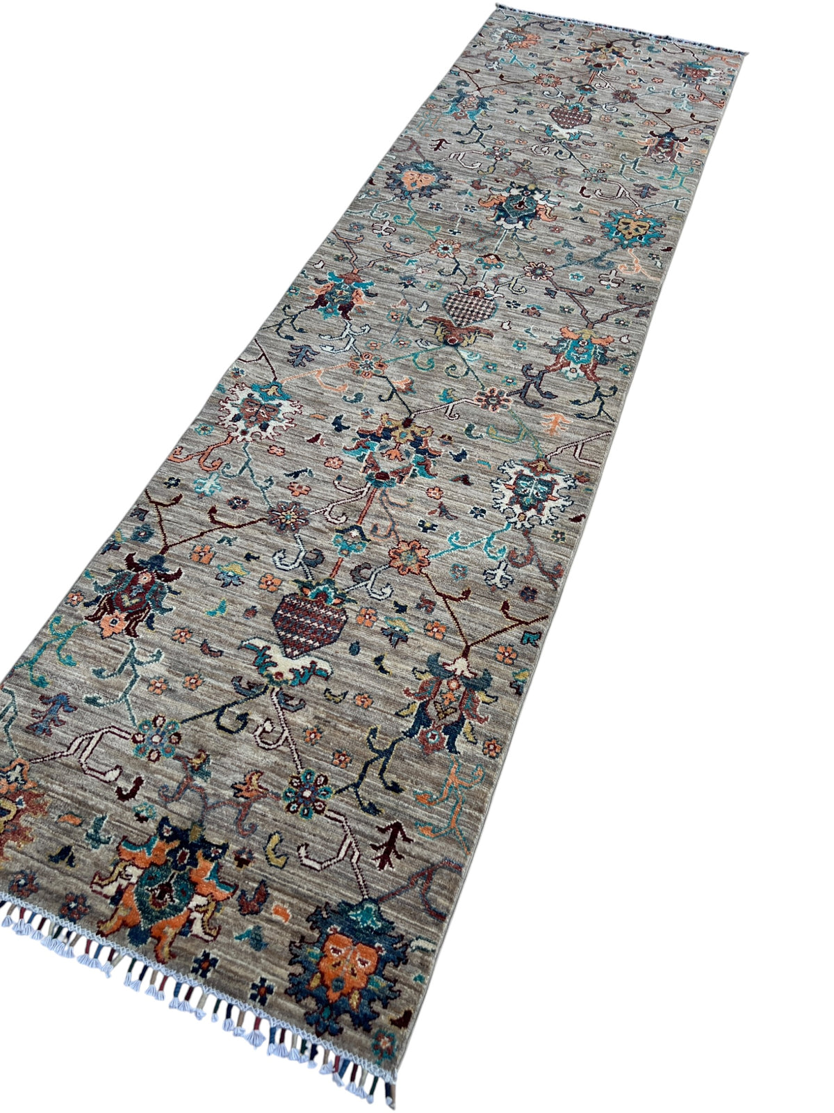 Chobi Runner 3x10 | Taupe, Orange & Navy | Hand-Knotted Wool