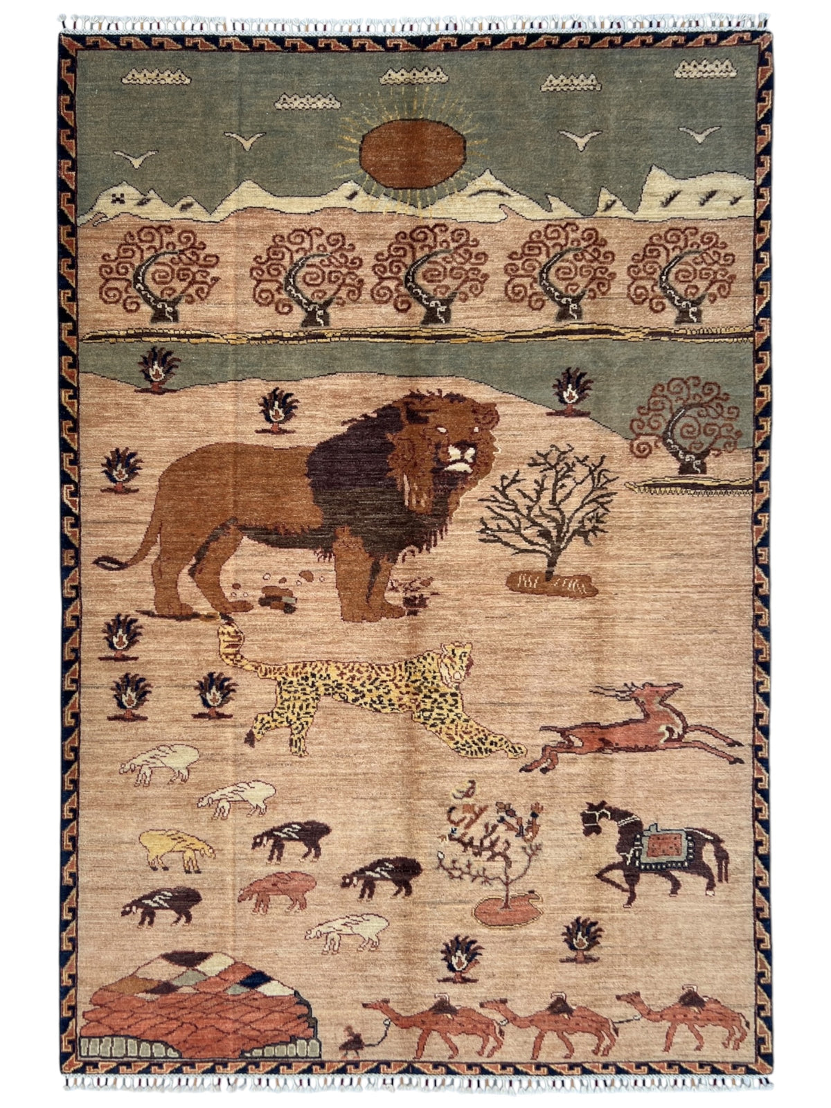 Lion Pictorial Gabbeh Rug 6x9 | Beige, Brown & Sage | Hand-Knotted Wool