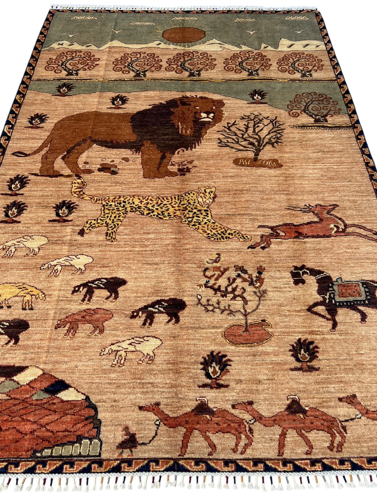 Lion Pictorial Gabbeh Rug 6x9 | Beige, Brown & Sage | Hand-Knotted Wool