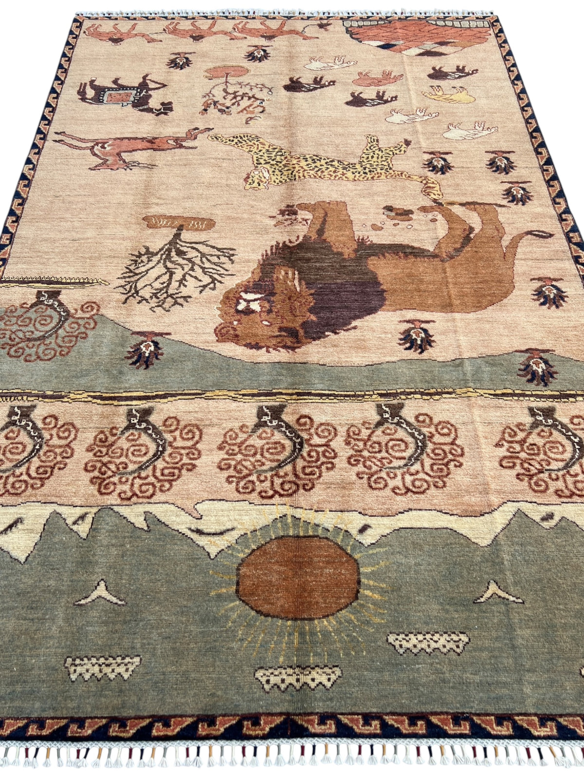 Lion Pictorial Gabbeh Rug 6x9 | Beige, Brown & Sage | Hand-Knotted Wool