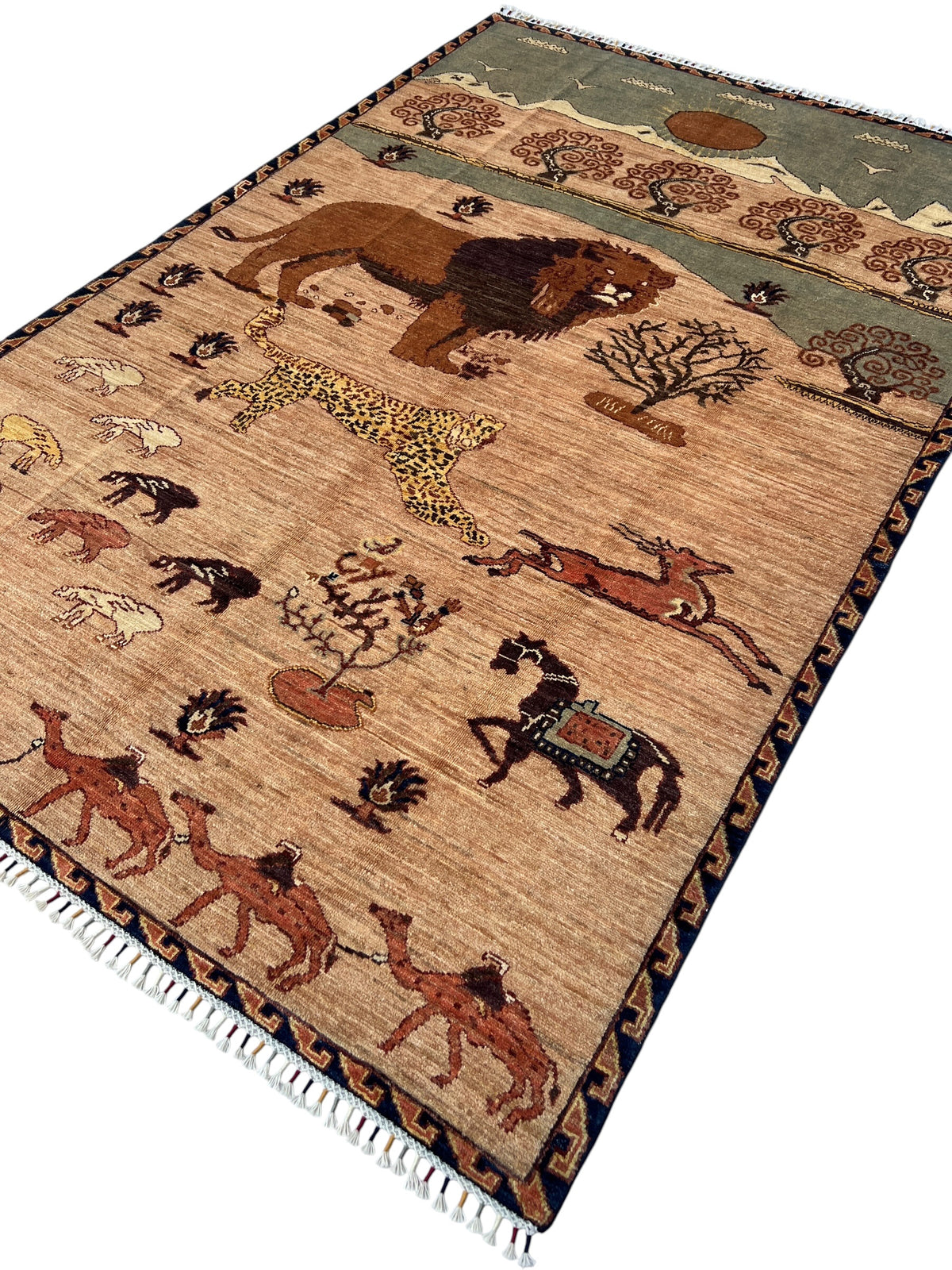 Lion Pictorial Gabbeh Rug 6x9 | Beige, Brown & Sage | Hand-Knotted Wool