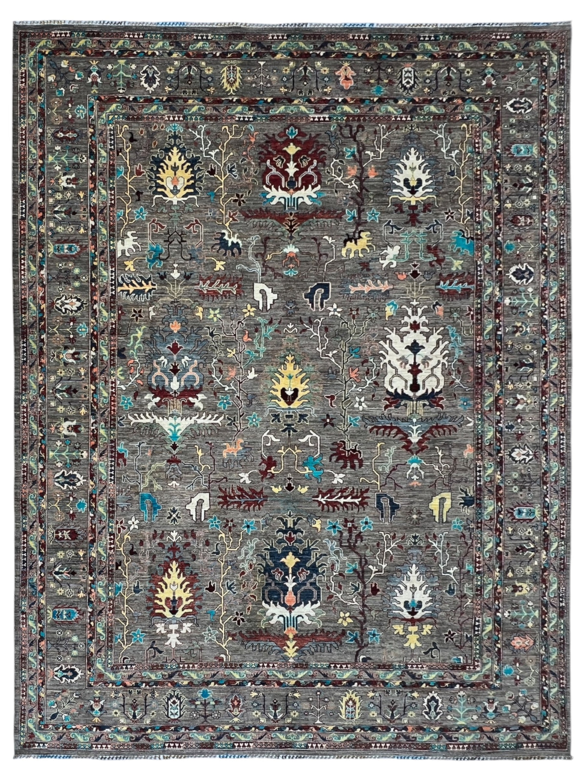 Chobi Rug 10x14 | Gray, Ivory & Gold | Hand-Knotted Wool