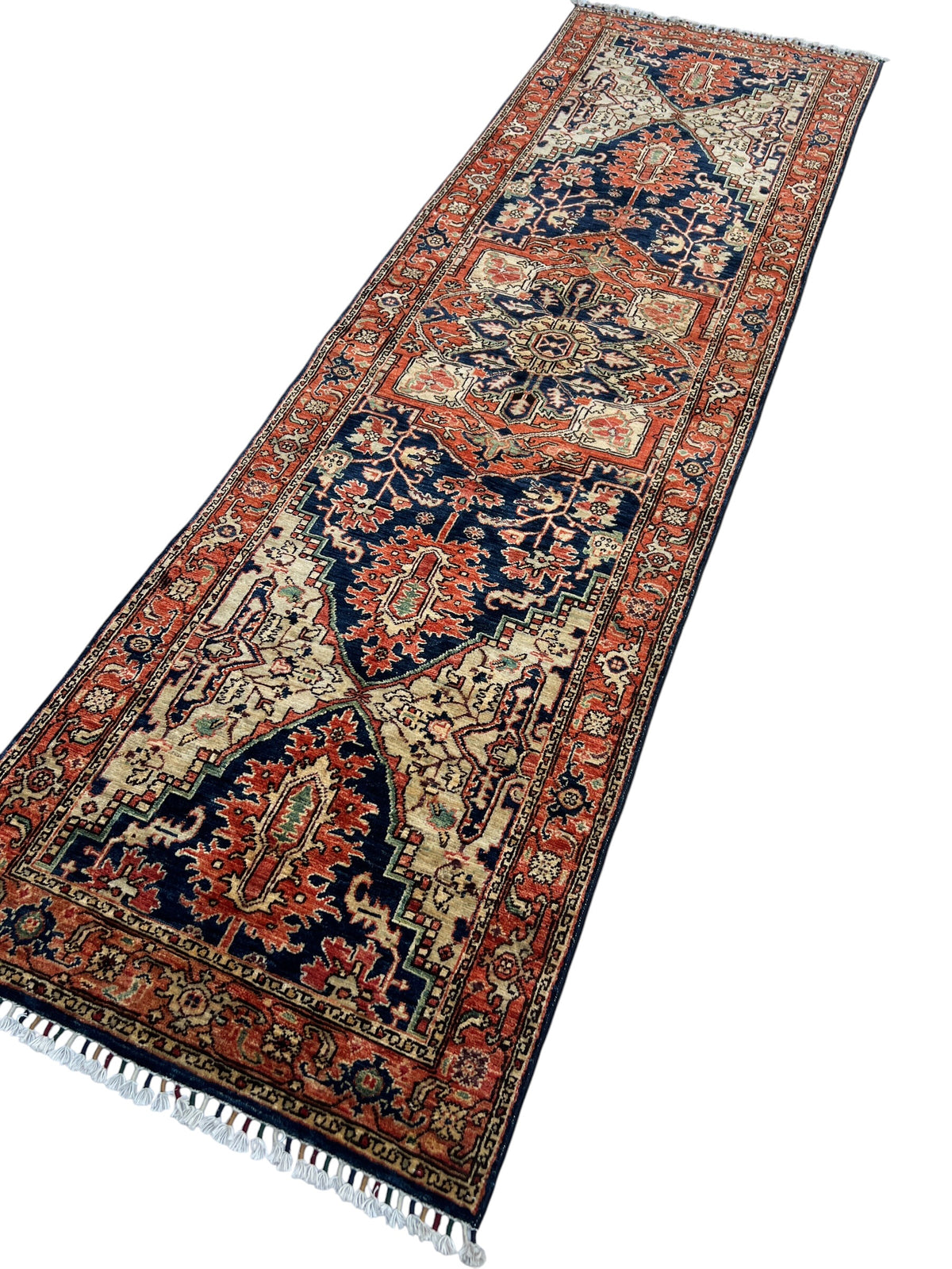 Heriz Design Runner 3x10 | Rust, Navy & Gold | Hand-Knotted Wool