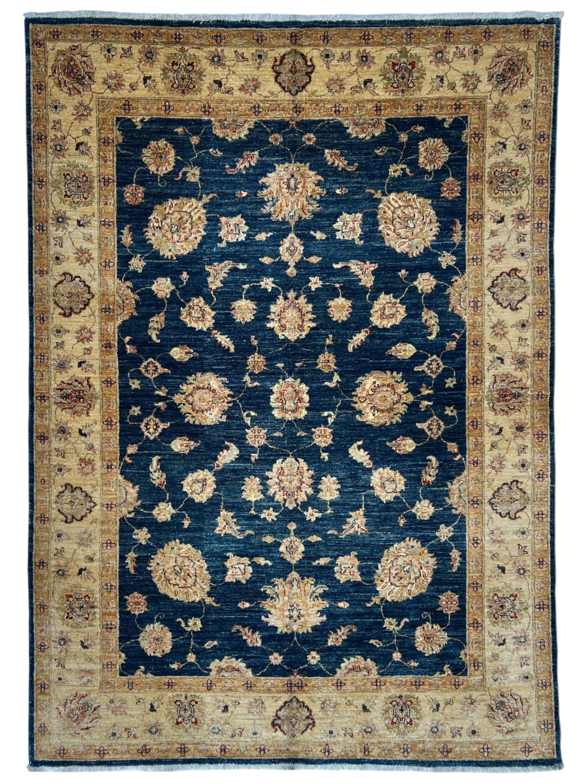Chobi Ziegler Rug 5x8 | Navy, Beige & Tan | Hand-Knotted Wool