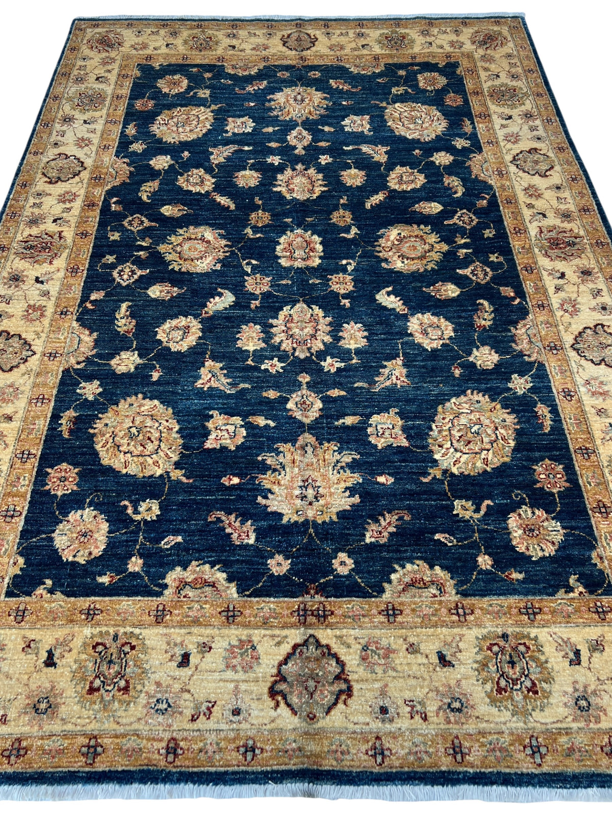 Chobi Ziegler Rug 5x8 | Navy, Beige & Tan | Hand-Knotted Wool