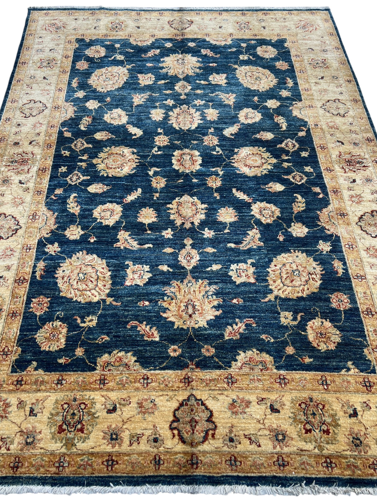 Chobi Ziegler Rug 5x8 | Navy, Beige & Tan | Hand-Knotted Wool
