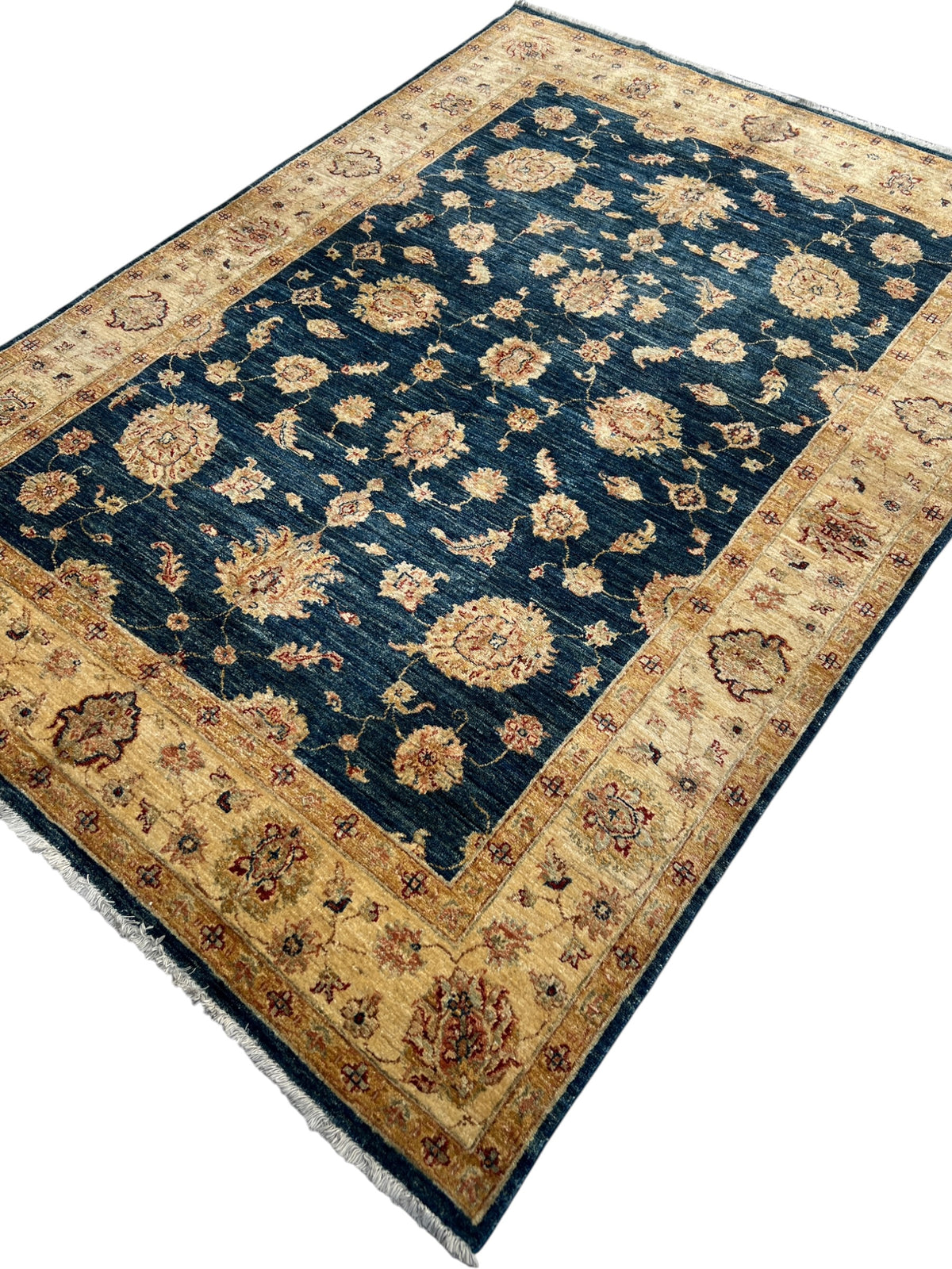 Chobi Ziegler Rug 5x8 | Navy, Beige & Tan | Hand-Knotted Wool