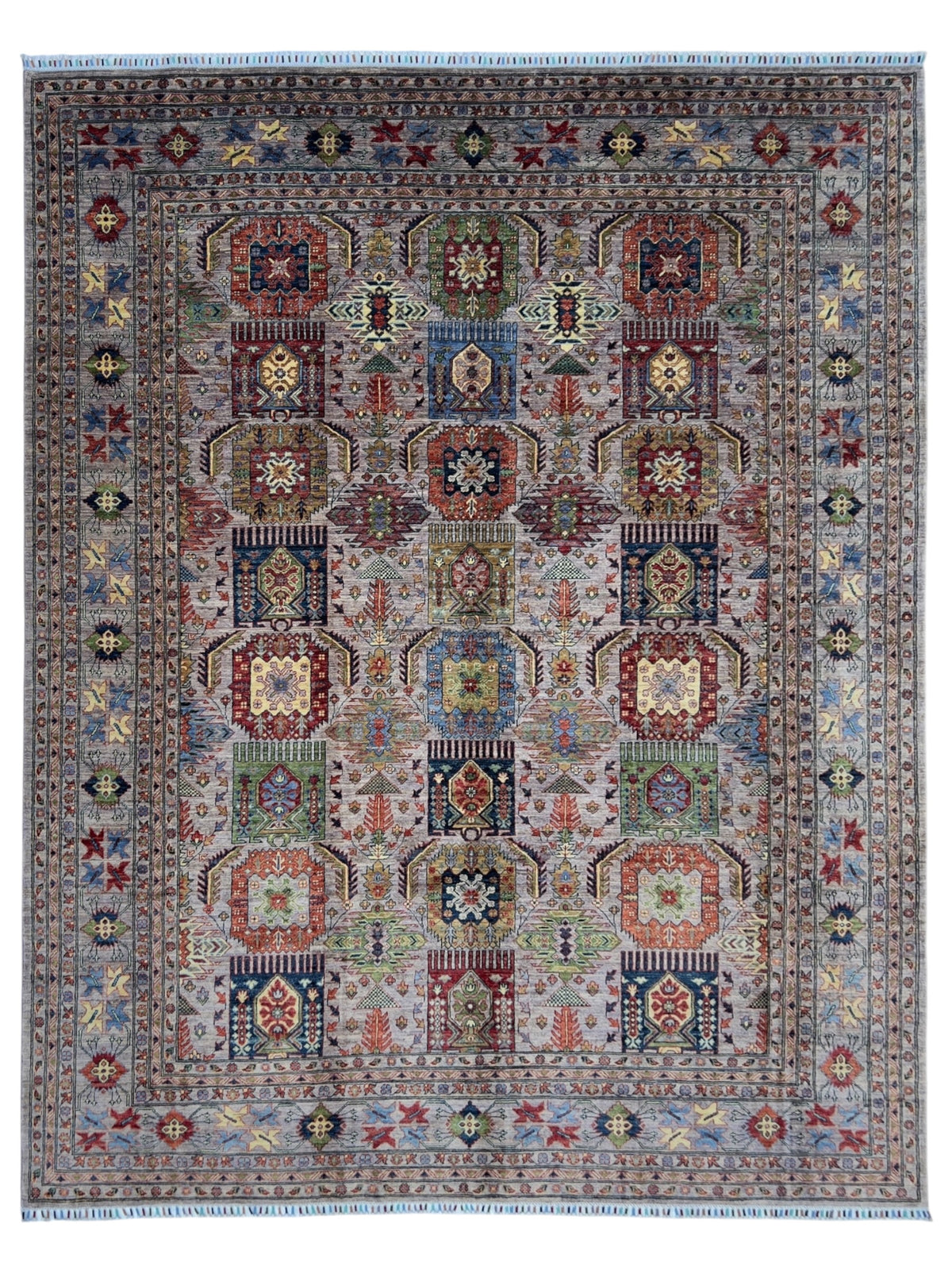 Super Kazak Rug 9x12 | Gray, Red & Blue | Hand-Knotted Wool