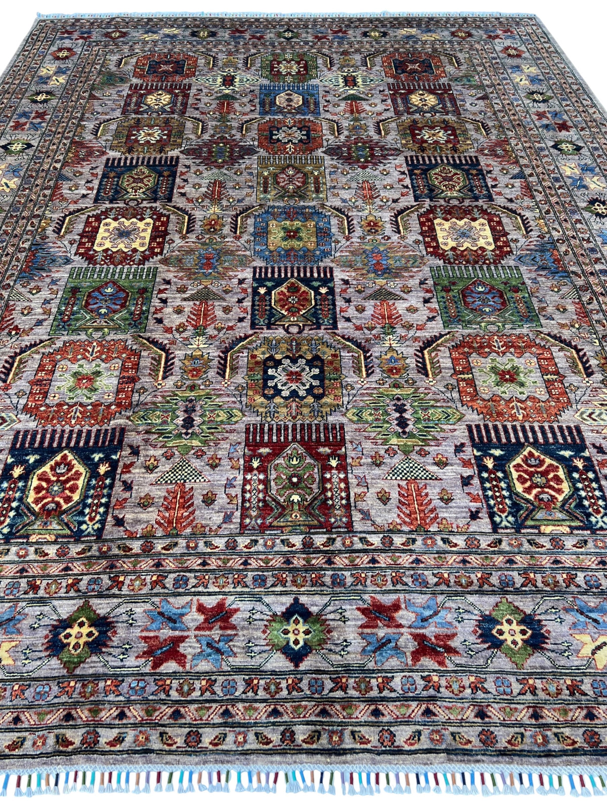 Super Kazak Rug 9x12 | Gray, Red & Blue | Hand-Knotted Wool