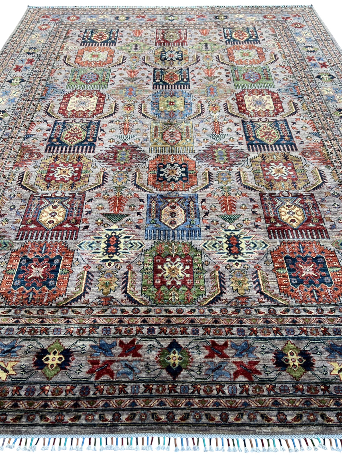 Super Kazak Rug 9x12 | Gray, Red & Blue | Hand-Knotted Wool