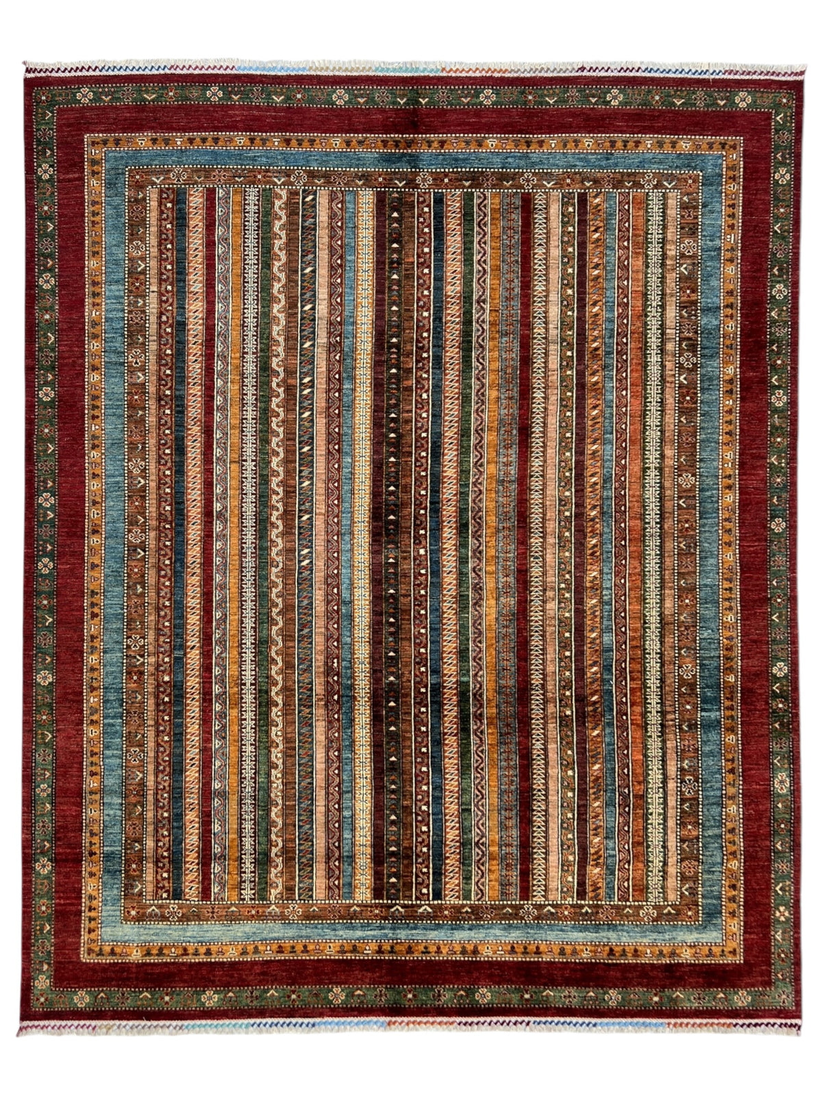 Chobi Striped Rug 8x10 | Brown, Blue & Burgundy | Hand-Knotted Wool