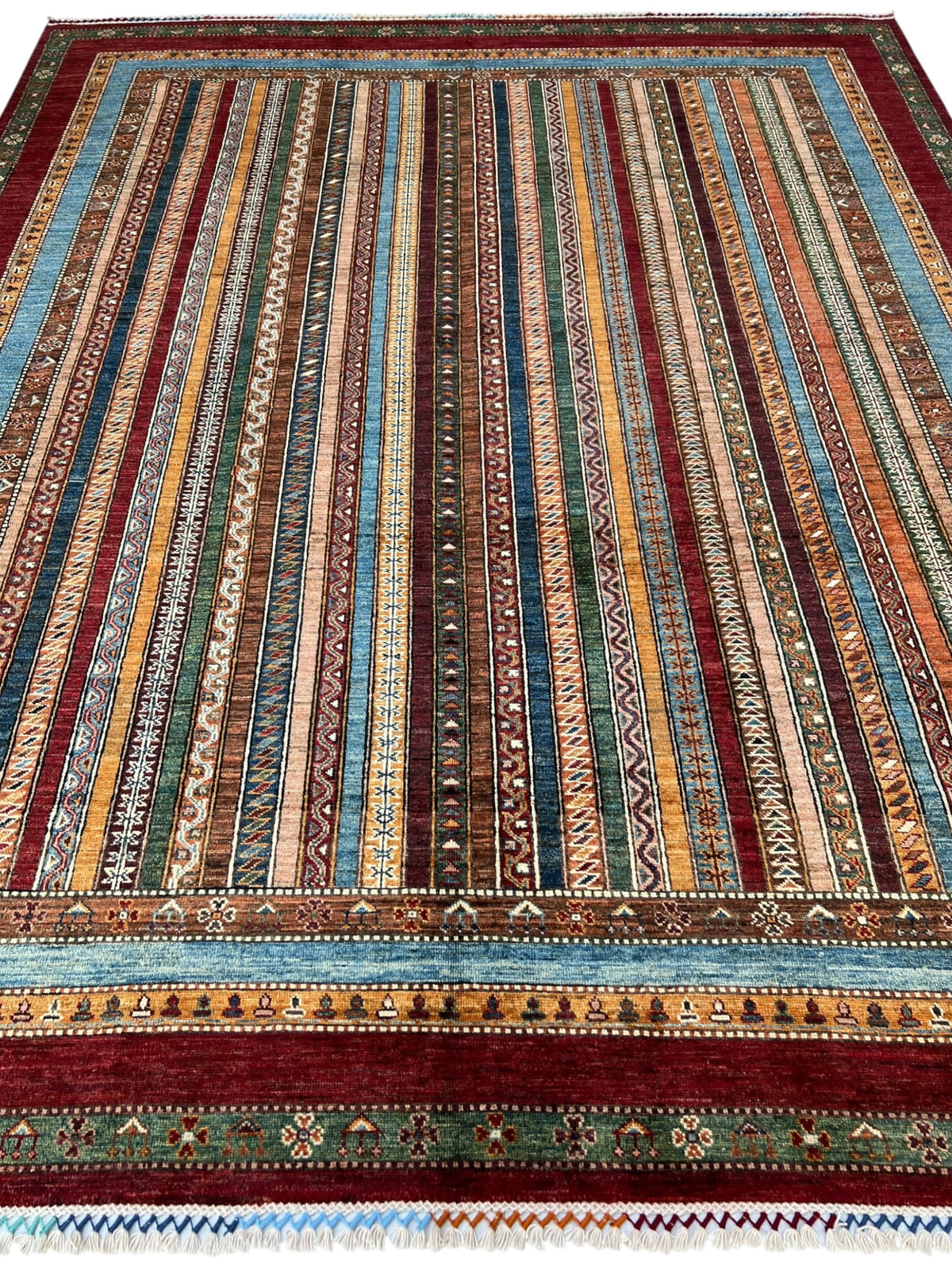 Chobi Striped Rug 8x10 | Brown, Blue & Burgundy | Hand-Knotted Wool