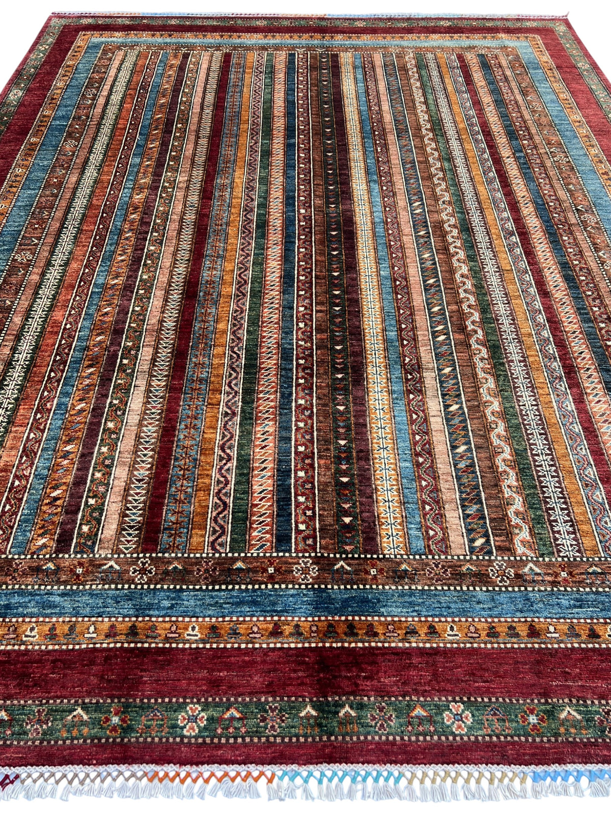 Chobi Striped Rug 8x10 | Brown, Blue & Burgundy | Hand-Knotted Wool