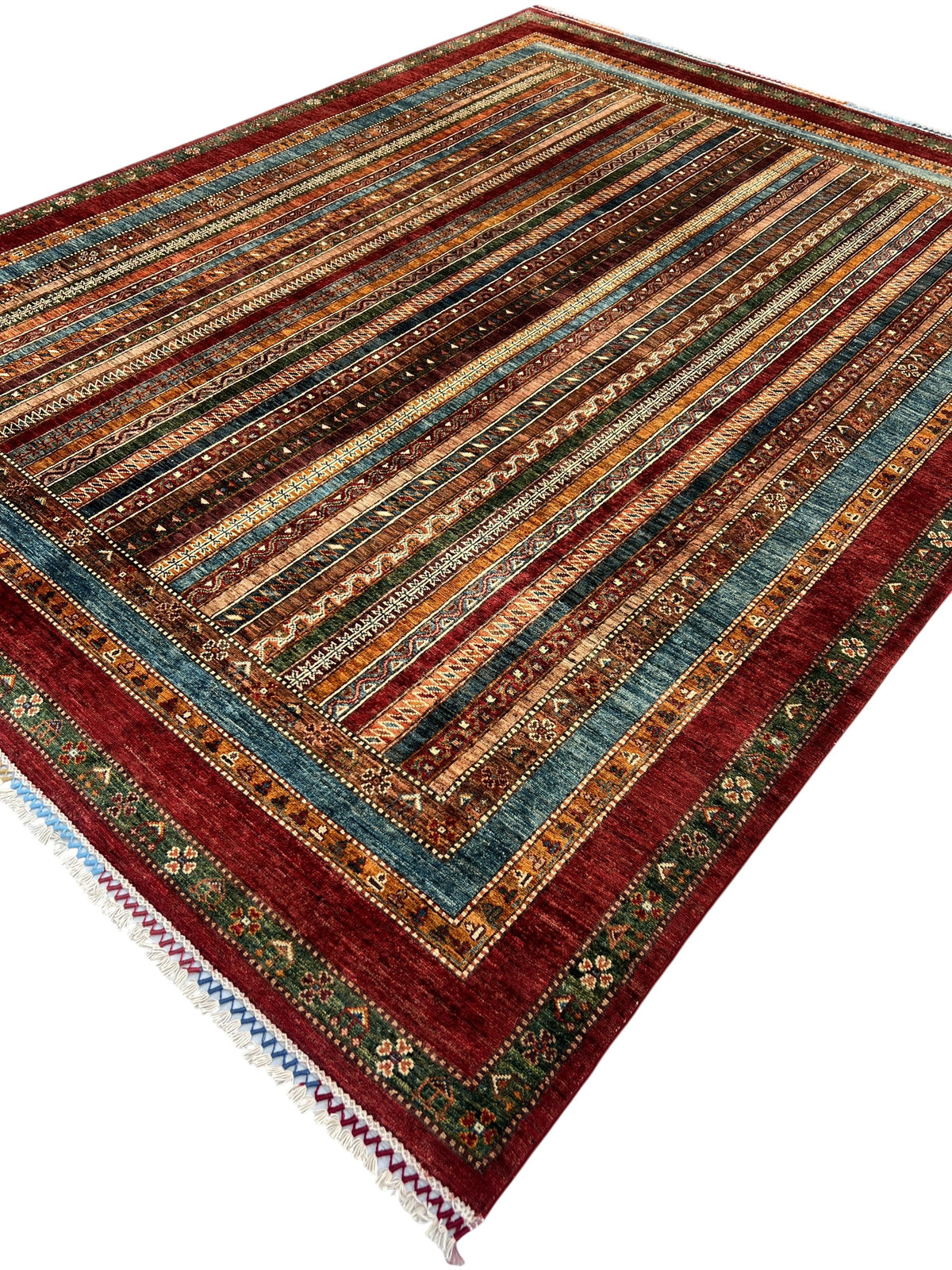 Chobi Striped Rug 8x10 | Brown, Blue & Burgundy | Hand-Knotted Wool