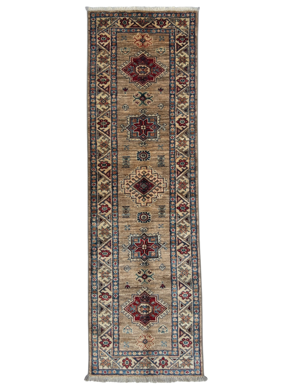 Super Kazak Runner 2x6 | Tan, Ivory & Red | Hand-Knotted Wool