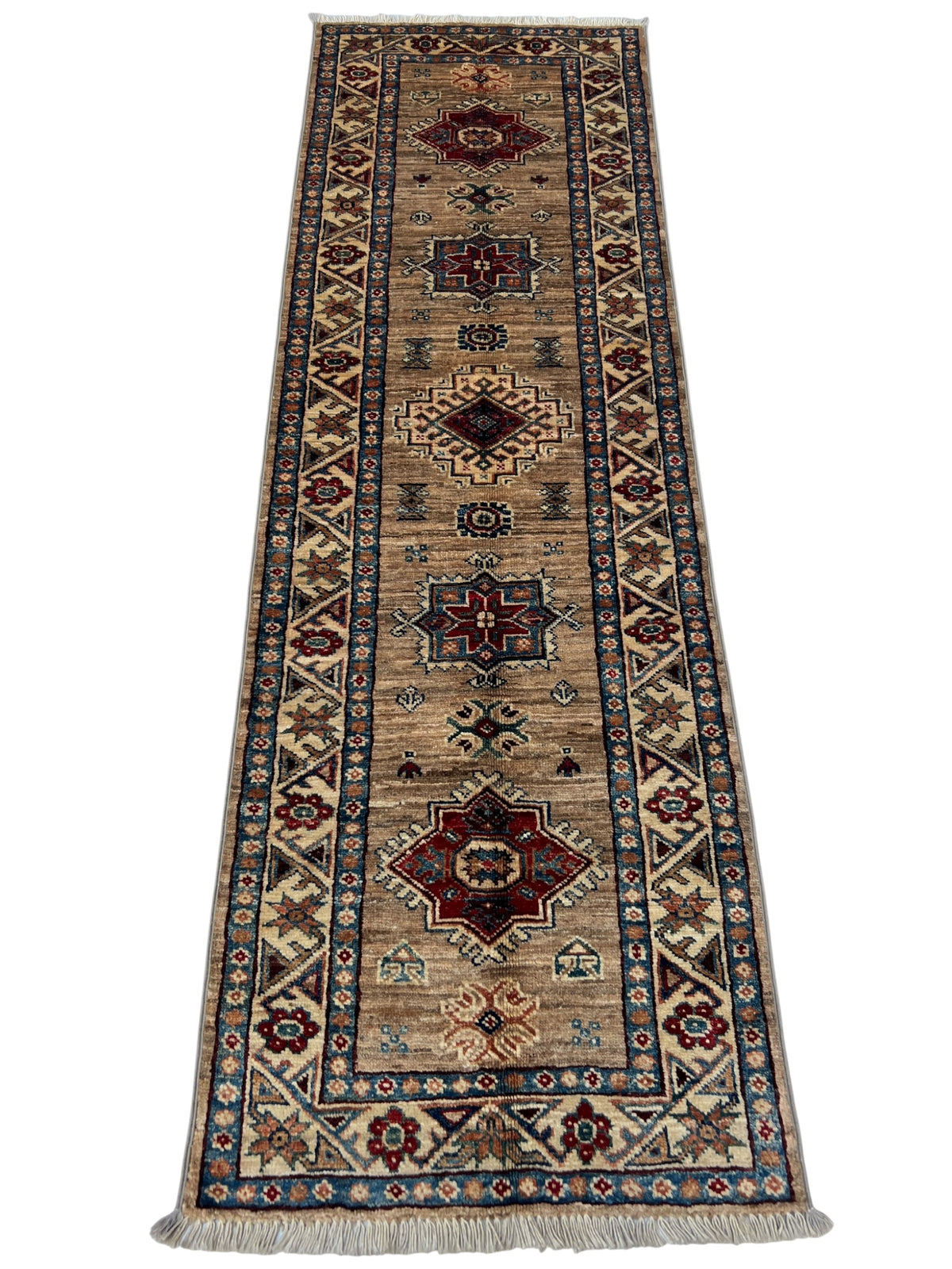 Super Kazak Runner 2x6 | Tan, Ivory & Red | Hand-Knotted Wool