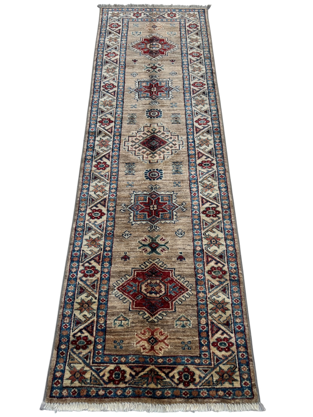 Super Kazak Runner 2x6 | Tan, Ivory & Red | Hand-Knotted Wool
