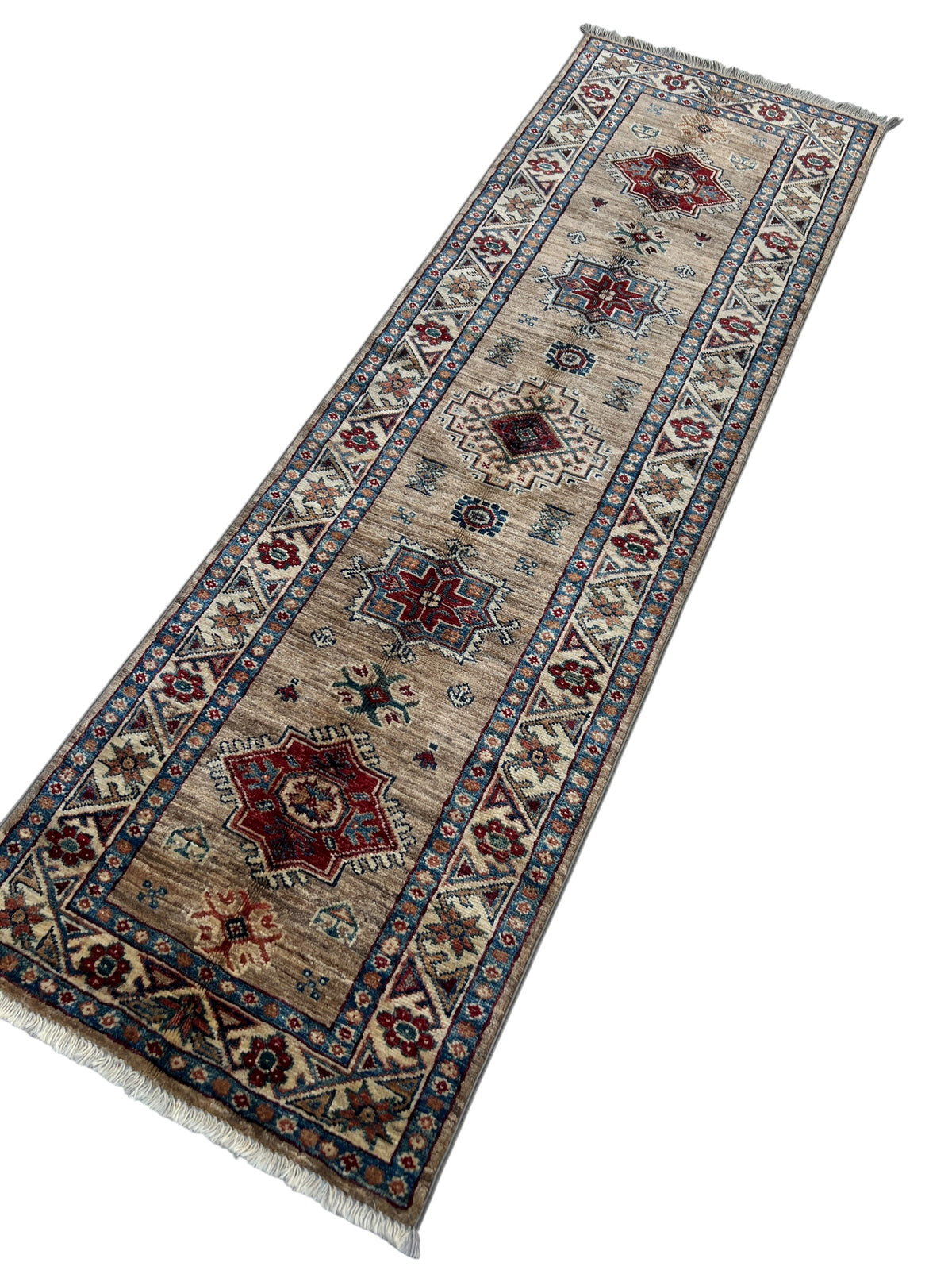 Super Kazak Runner 2x6 | Tan, Ivory & Red | Hand-Knotted Wool