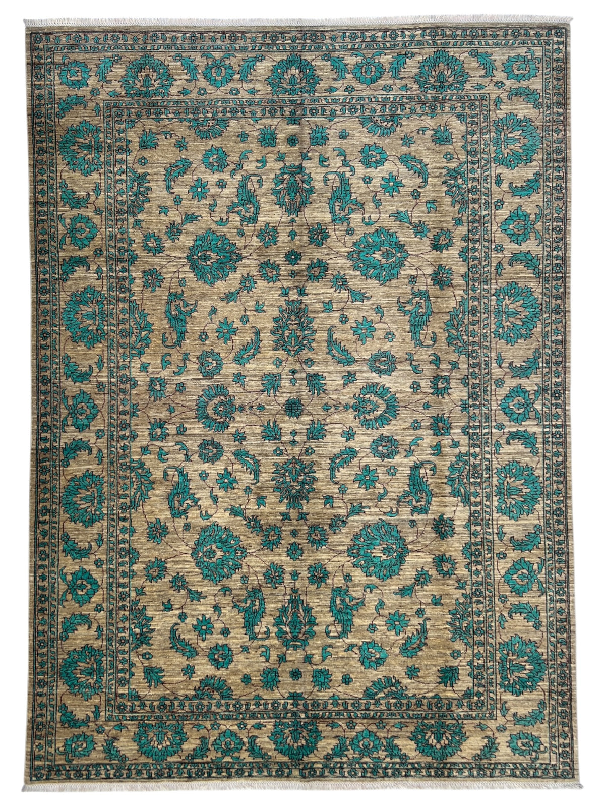 Chobi Ziegler Rug 6x9 | Beige, Teal & Gray | Hand-Knotted Wool