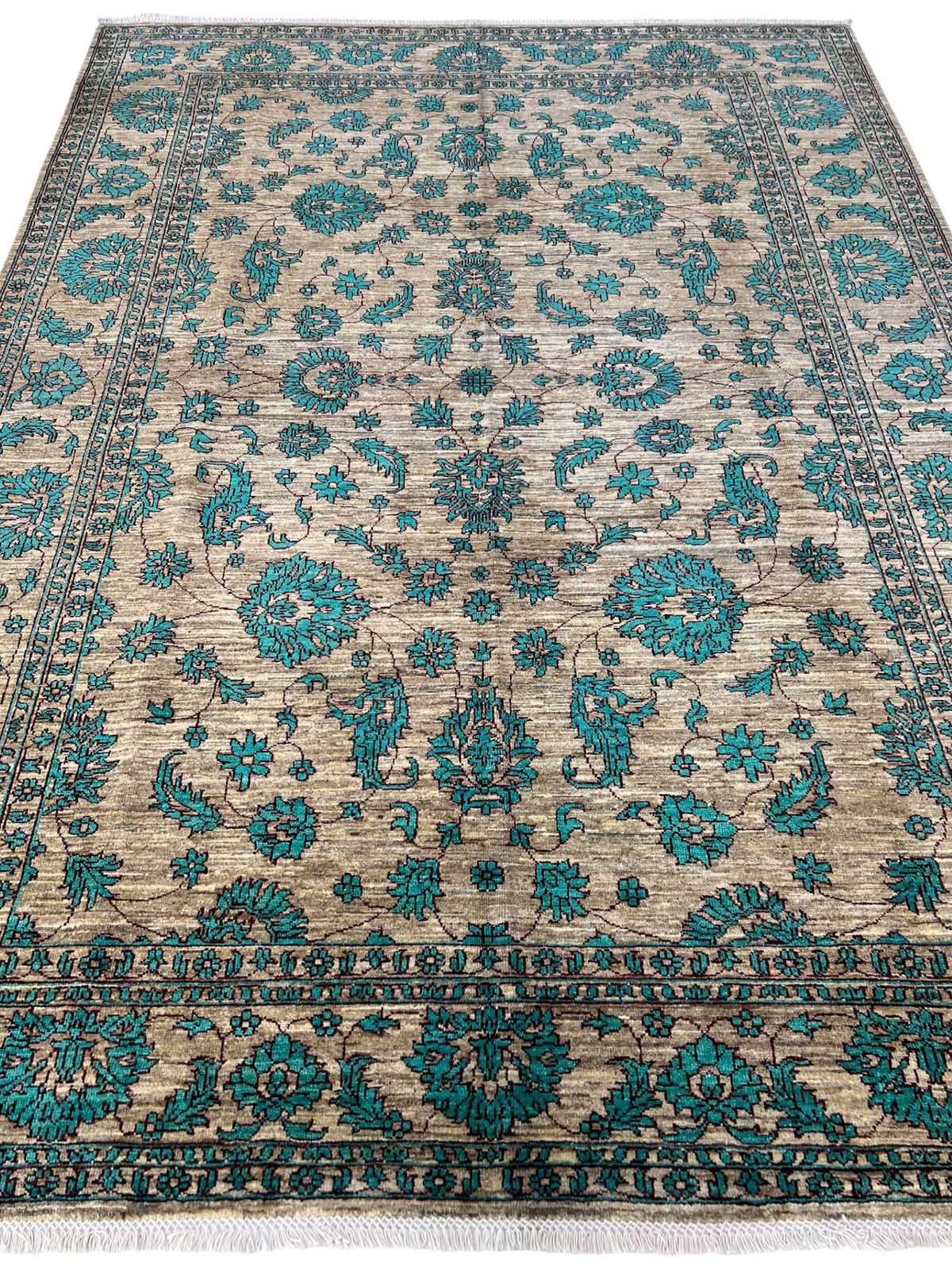 Chobi Ziegler Rug 6x9 | Beige, Teal & Gray | Hand-Knotted Wool