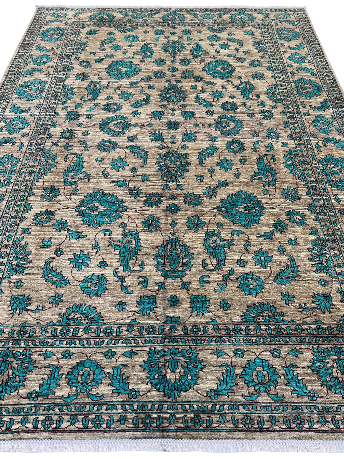 Chobi Ziegler Rug 6x9 | Beige, Teal & Gray | Hand-Knotted Wool