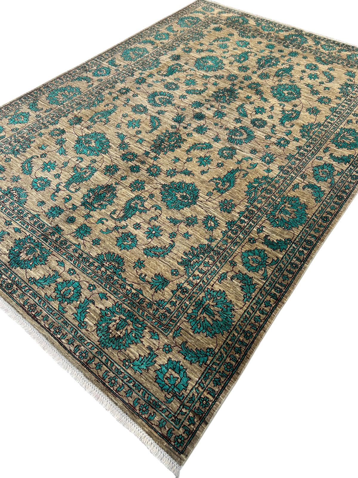 Chobi Ziegler Rug 6x9 | Beige, Teal & Gray | Hand-Knotted Wool