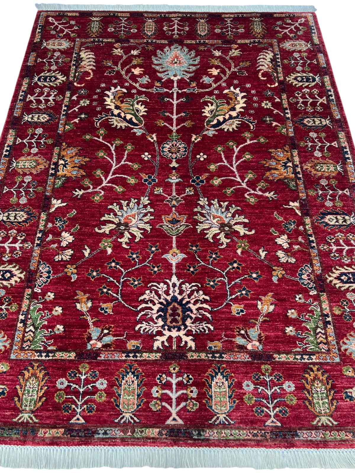 Chobi Ziegler Rug 5x7 | Red, Ivory & Gray | Hand-Knotted Wool