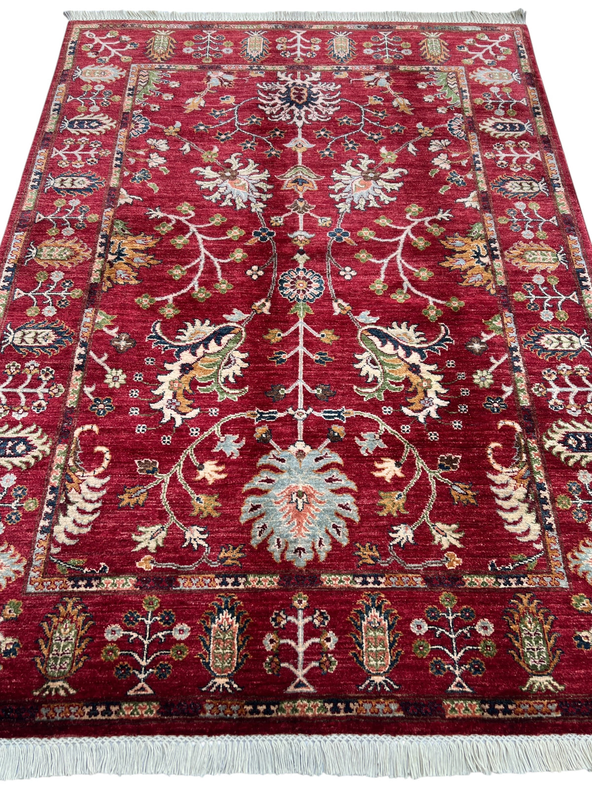 Chobi Ziegler Rug 5x7 | Red, Ivory & Gray | Hand-Knotted Wool