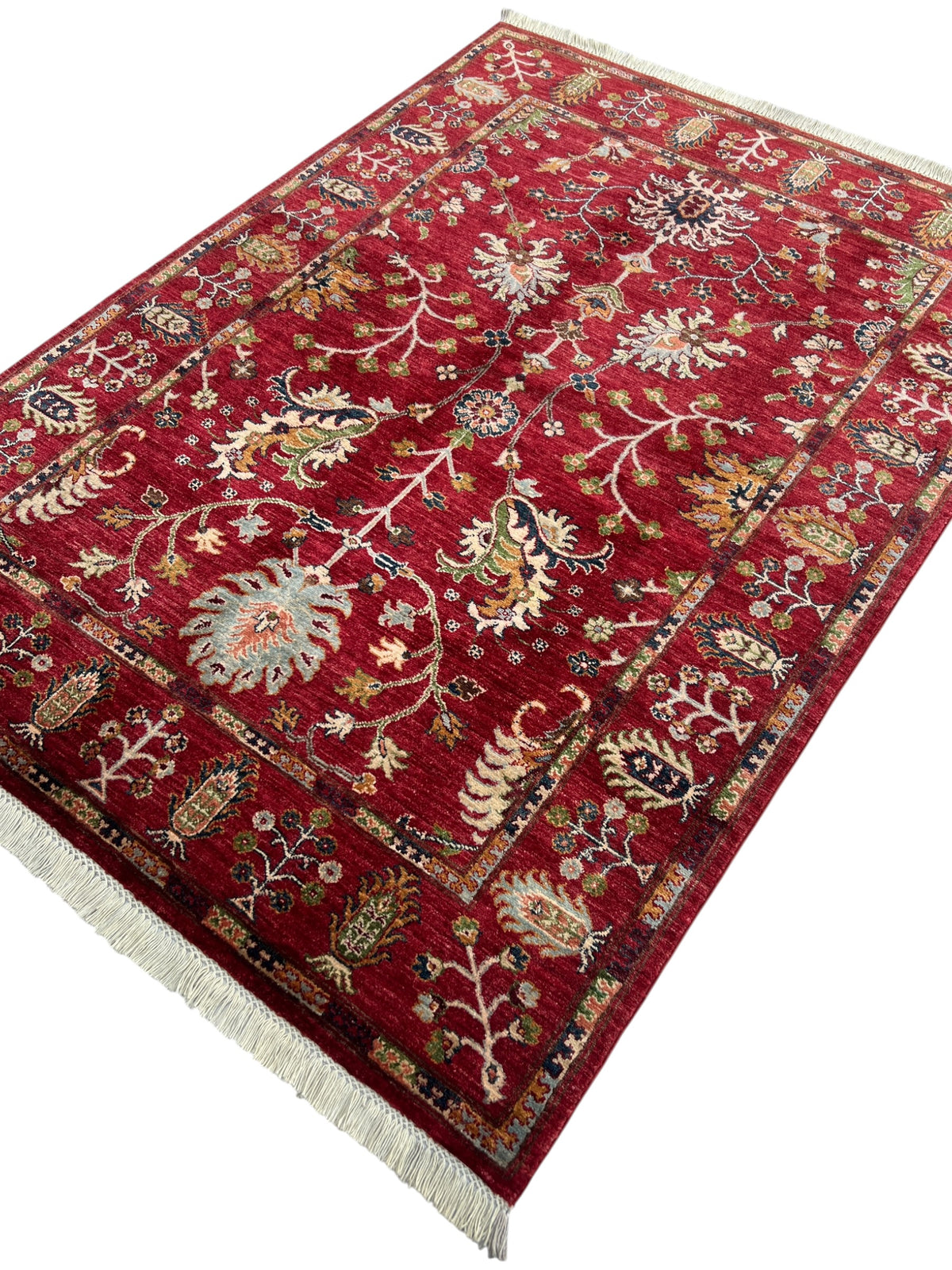 Chobi Ziegler Rug 5x7 | Red, Ivory & Gray | Hand-Knotted Wool
