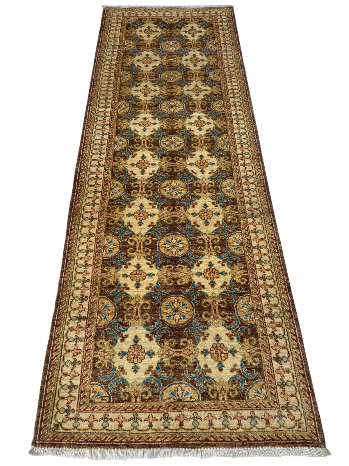 Super Kazak Runner 3x8 | Beige, Brown & Ivory | Hand-Knotted Wool