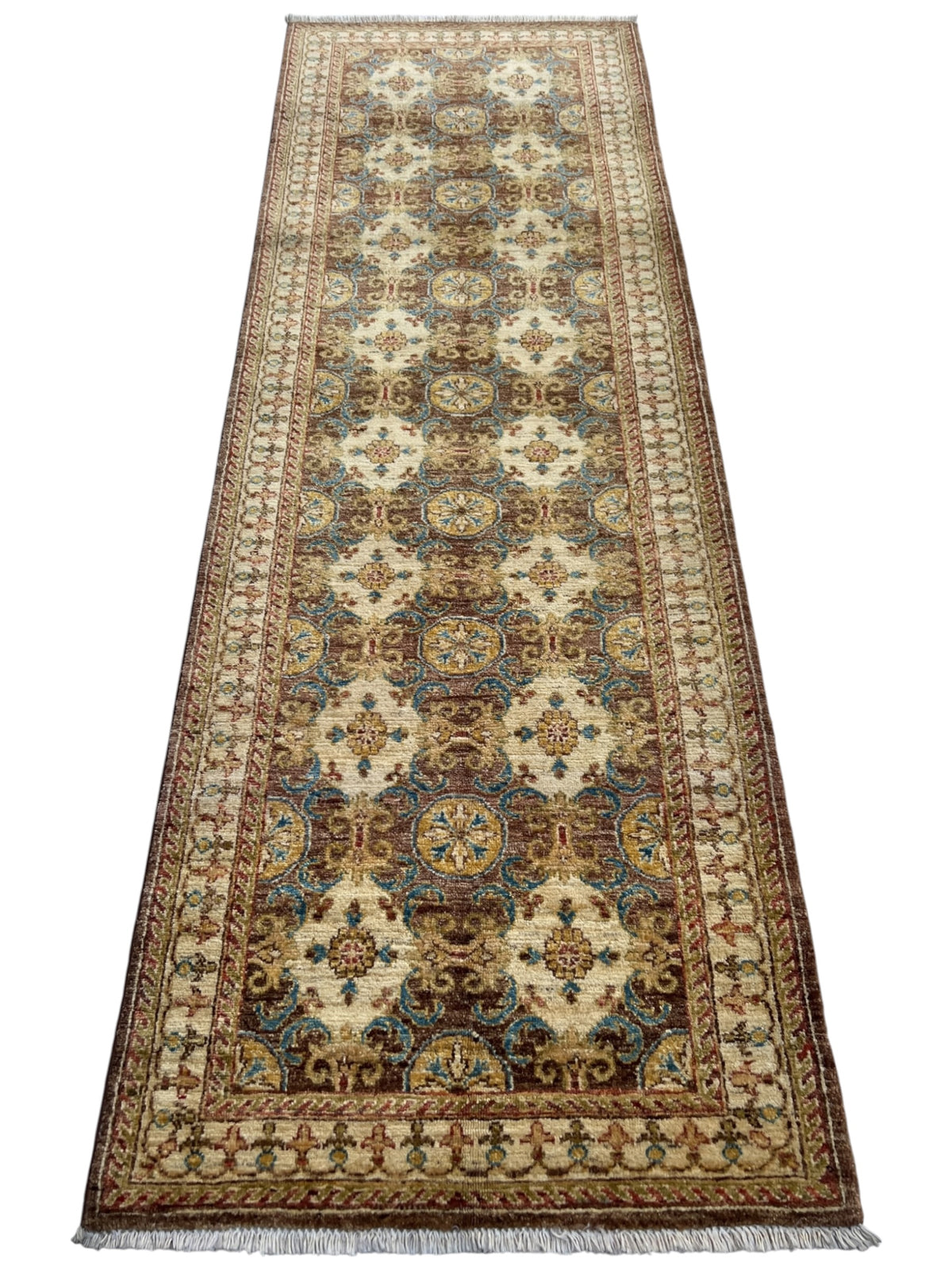 Super Kazak Runner 3x8 | Beige, Brown & Ivory | Hand-Knotted Wool