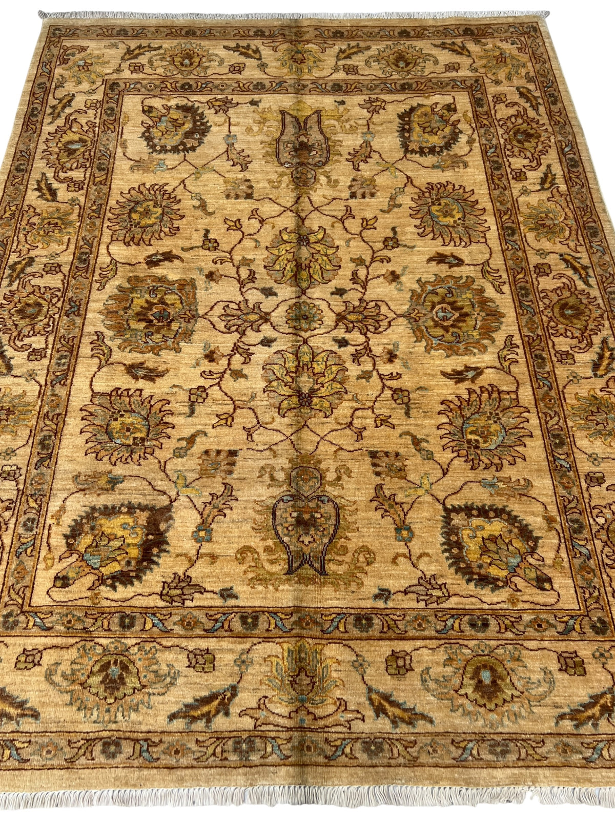 Chobi Ziegler Rug 5x6 | Beige, Gold & Brown | Hand-Knotted Wool