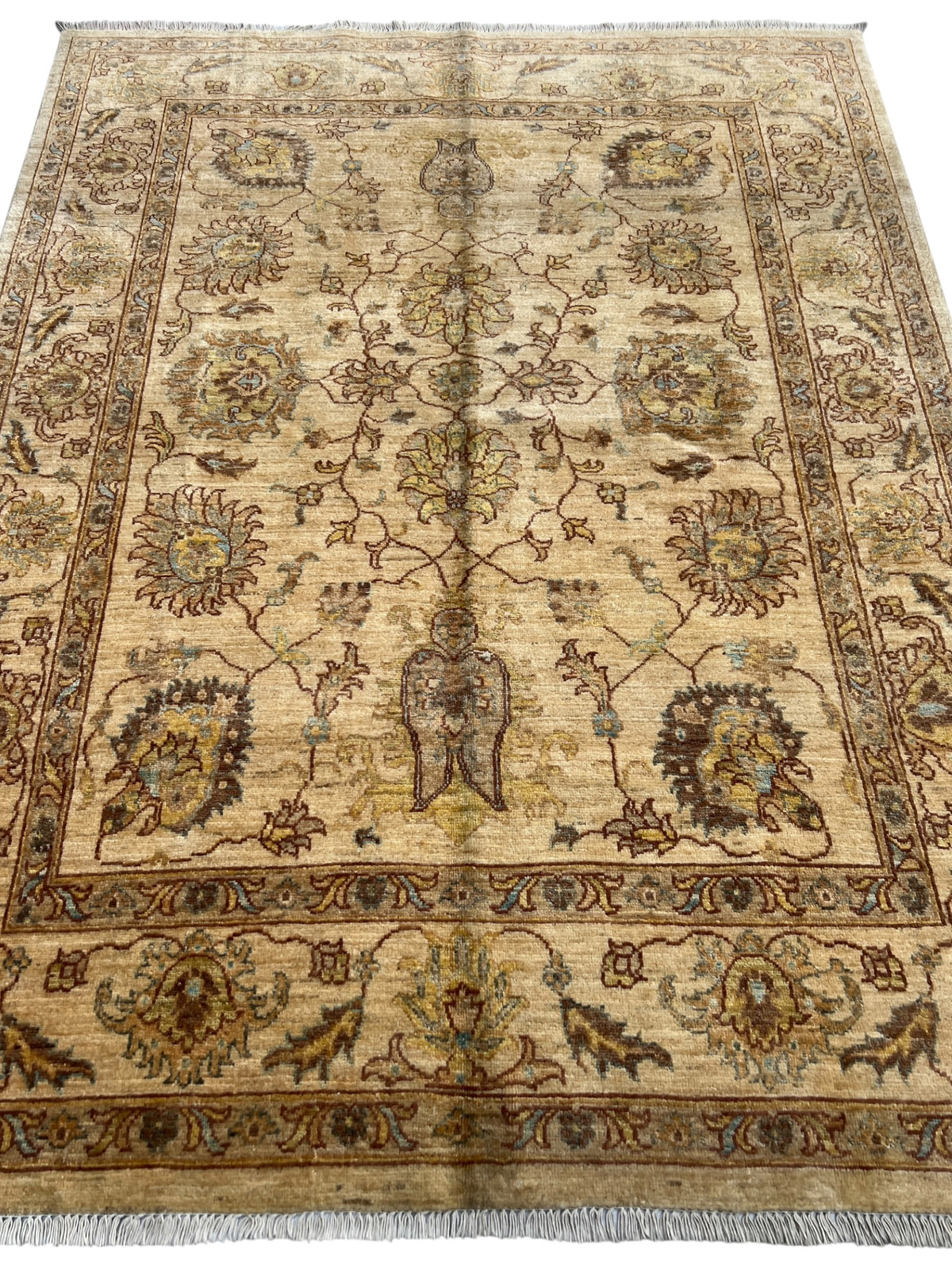 Chobi Ziegler Rug 5x6 | Beige, Gold & Brown | Hand-Knotted Wool