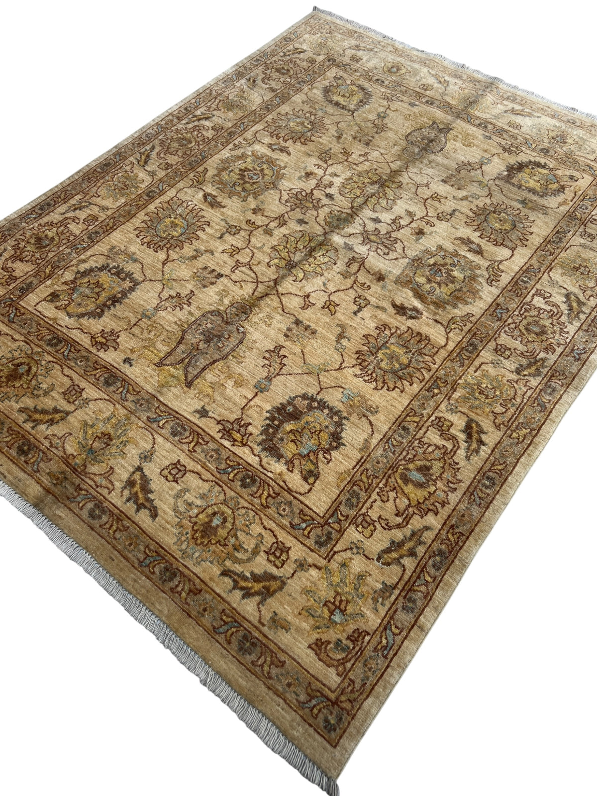 Chobi Ziegler Rug 5x6 | Beige, Gold & Brown | Hand-Knotted Wool